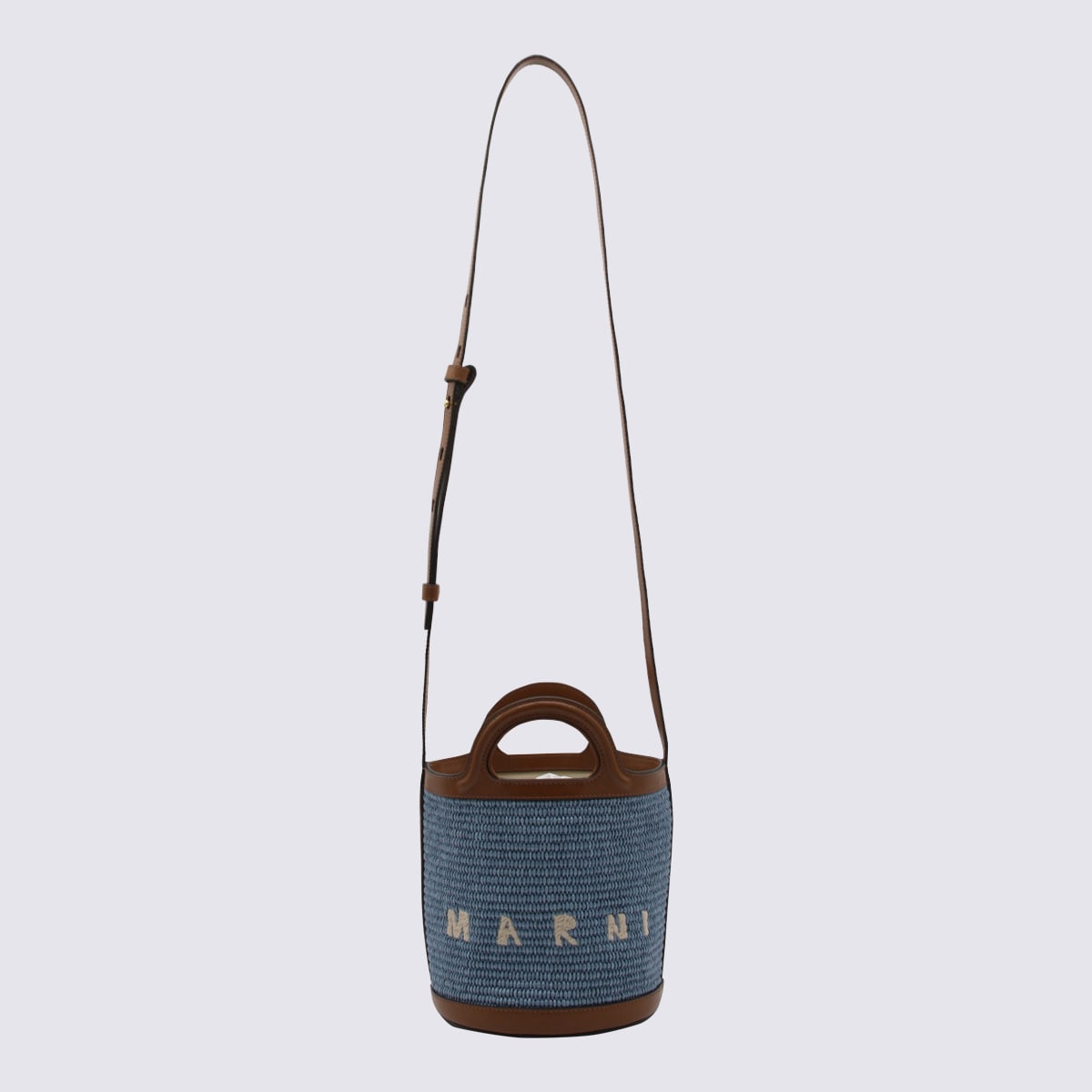 Shop Marni Brown Leather And Blue Raffia Tropicalia Handle Bag In Opal/moca