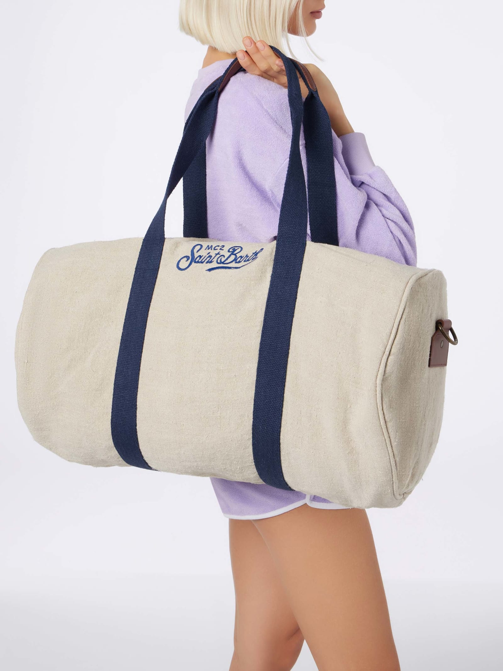 Mc2 Saint Barth Natural Linen Travel Duffle Bag Jetleg In White