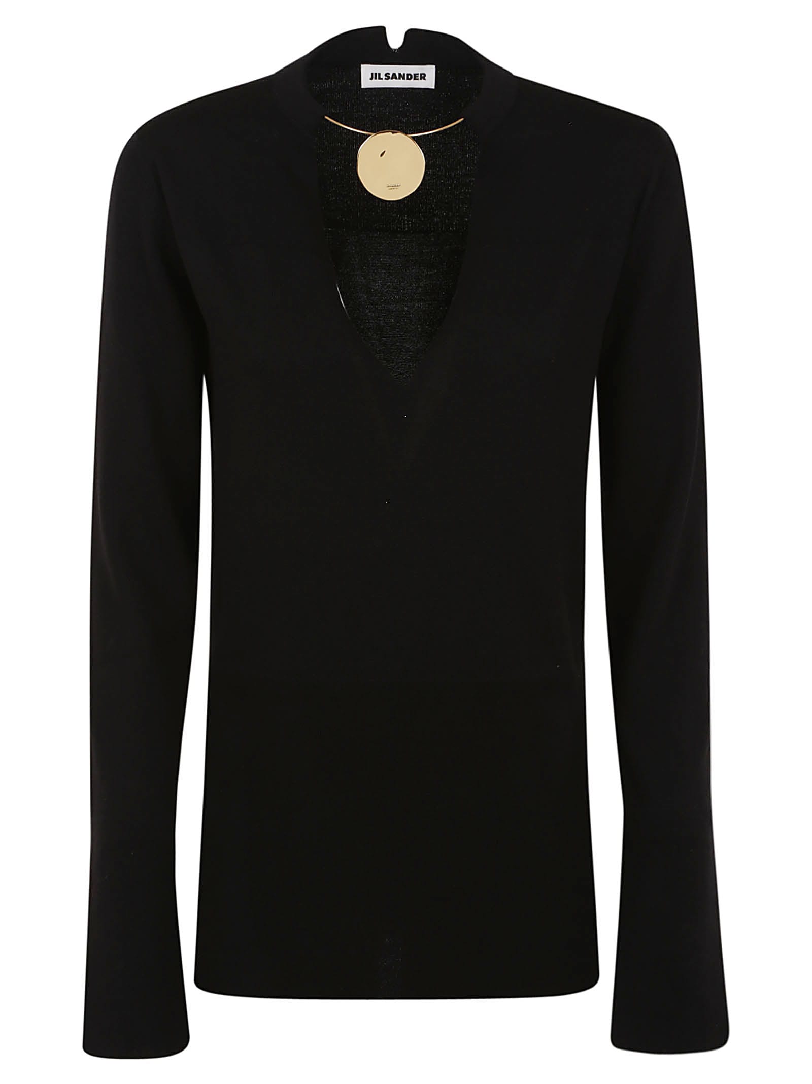 JIL SANDER SUPERFINE MERINO CREW NECK LONG SLEEVE KNIT WITH INTEGRATED JEWEL NECKLACE