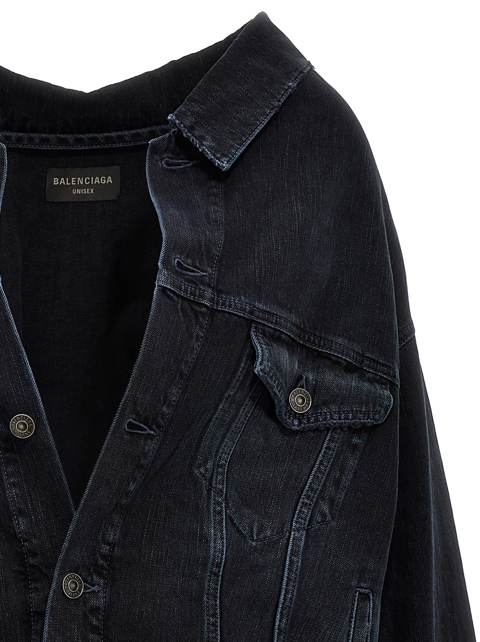 Shop Balenciaga Off-the-shoulder Denim Jacket In Blue