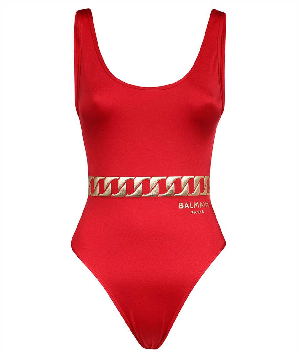 Shop Balmain Printed One-piece Swimsuit In Red