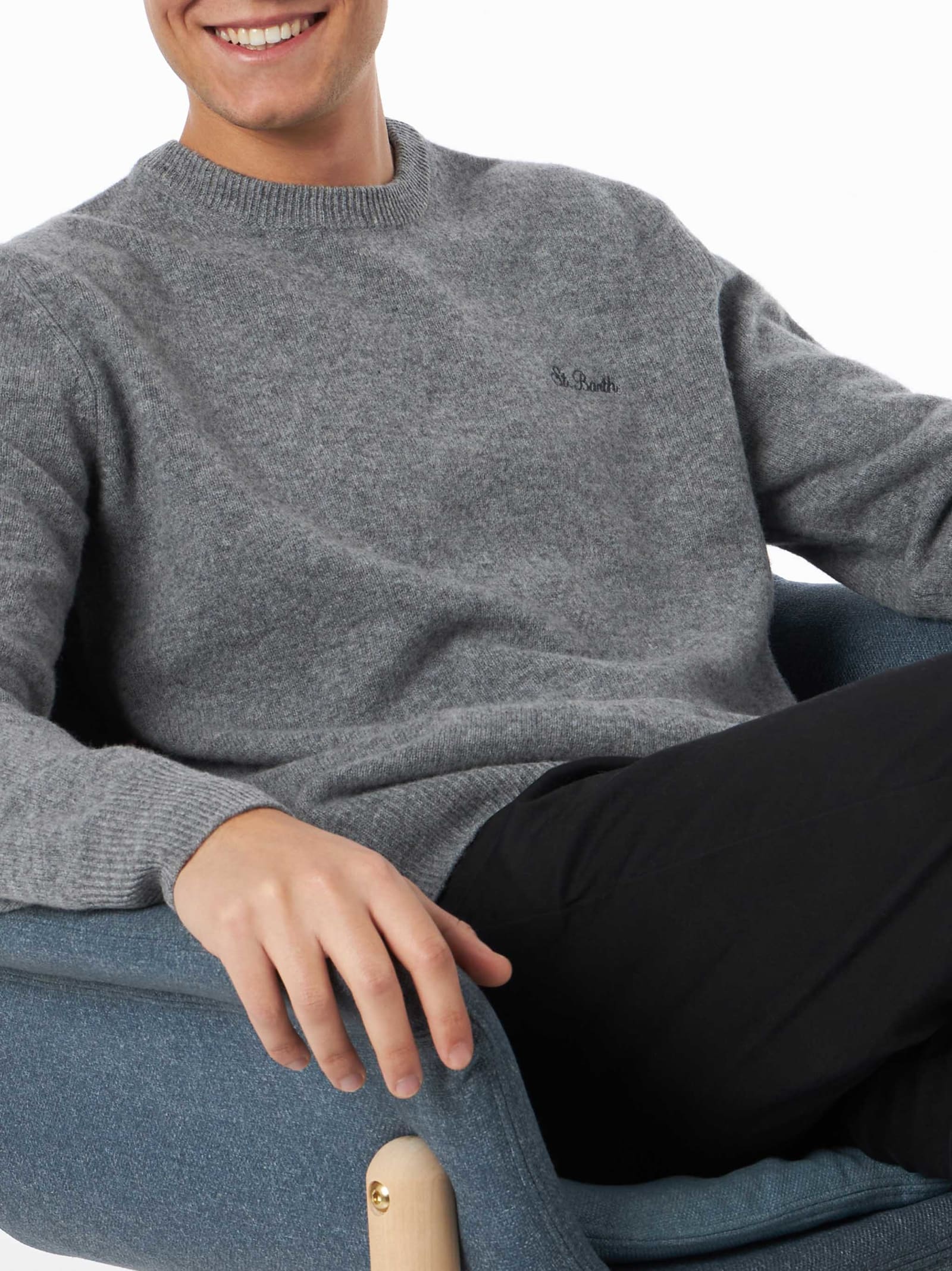 Mc2 Saint Barth Man Crewneck Grey Sweater With St. Barth Embroidery In Grey