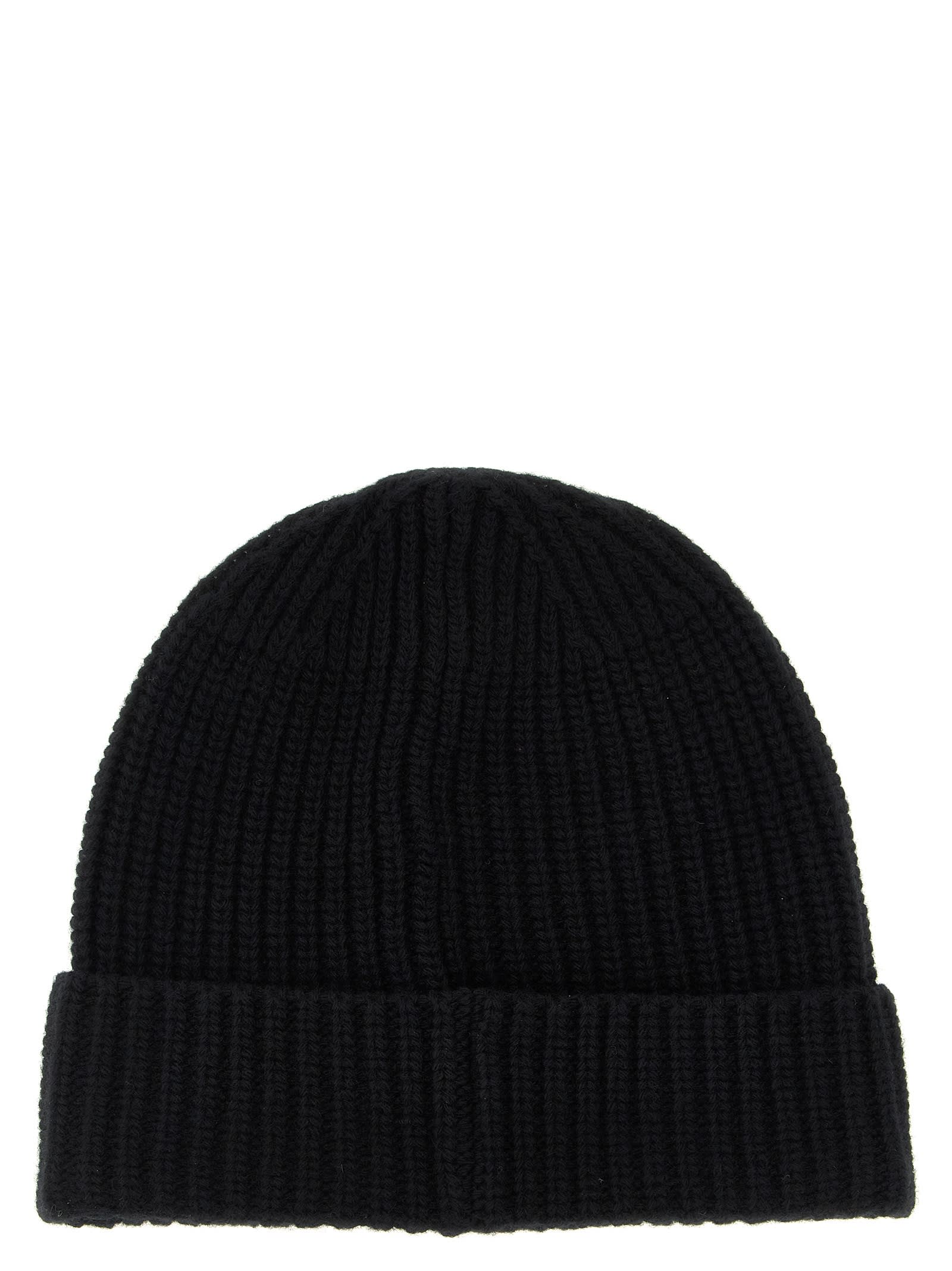 Stone Island Ribbed Knit Beanie With Compass Logo Patch In Black