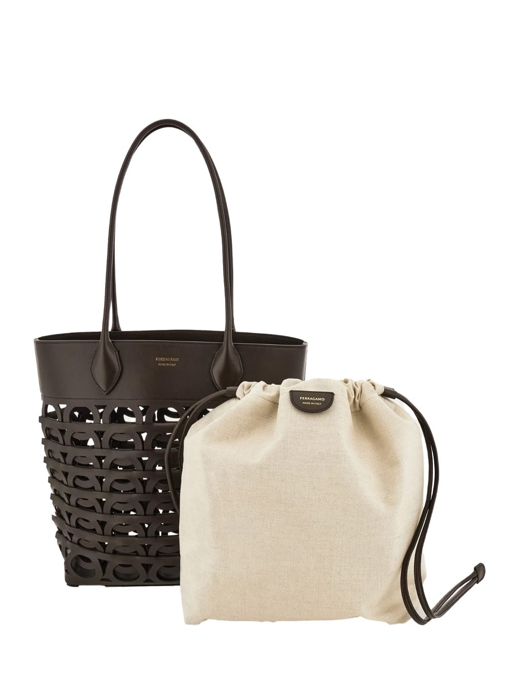FERRAGAMO BLACK TOTE BAG WITH CUT-OUT AND MAGNETIC CLOSURE AND DRAWSTRING CLOSURE IN LEATHER WOMAN 