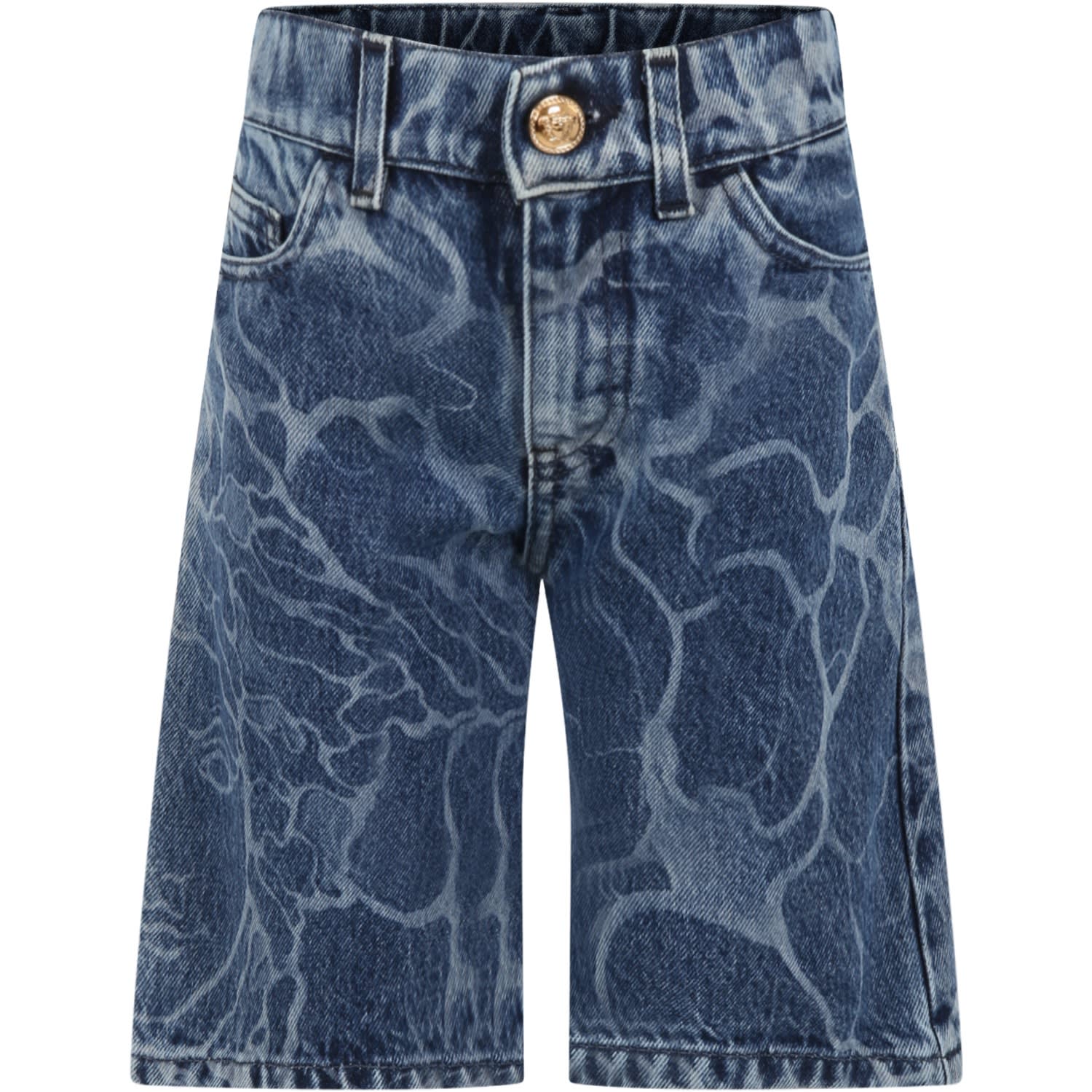 Shop Versace Blue Jeans Bermuda Shorts For Boy With Print Medusa In Denim