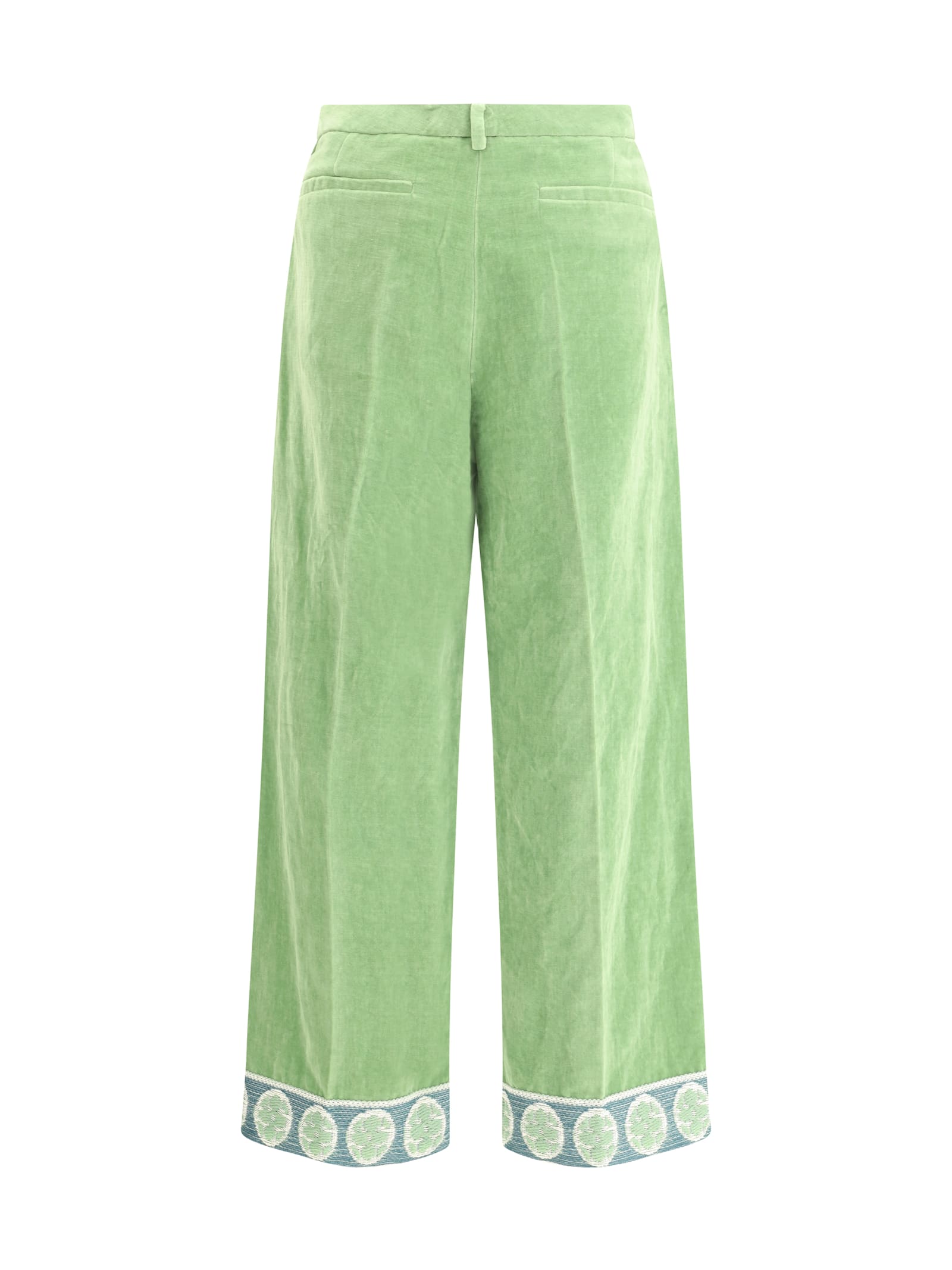 Valentino Garavani Velvet Trousers With Jacquard Hem In Laurel