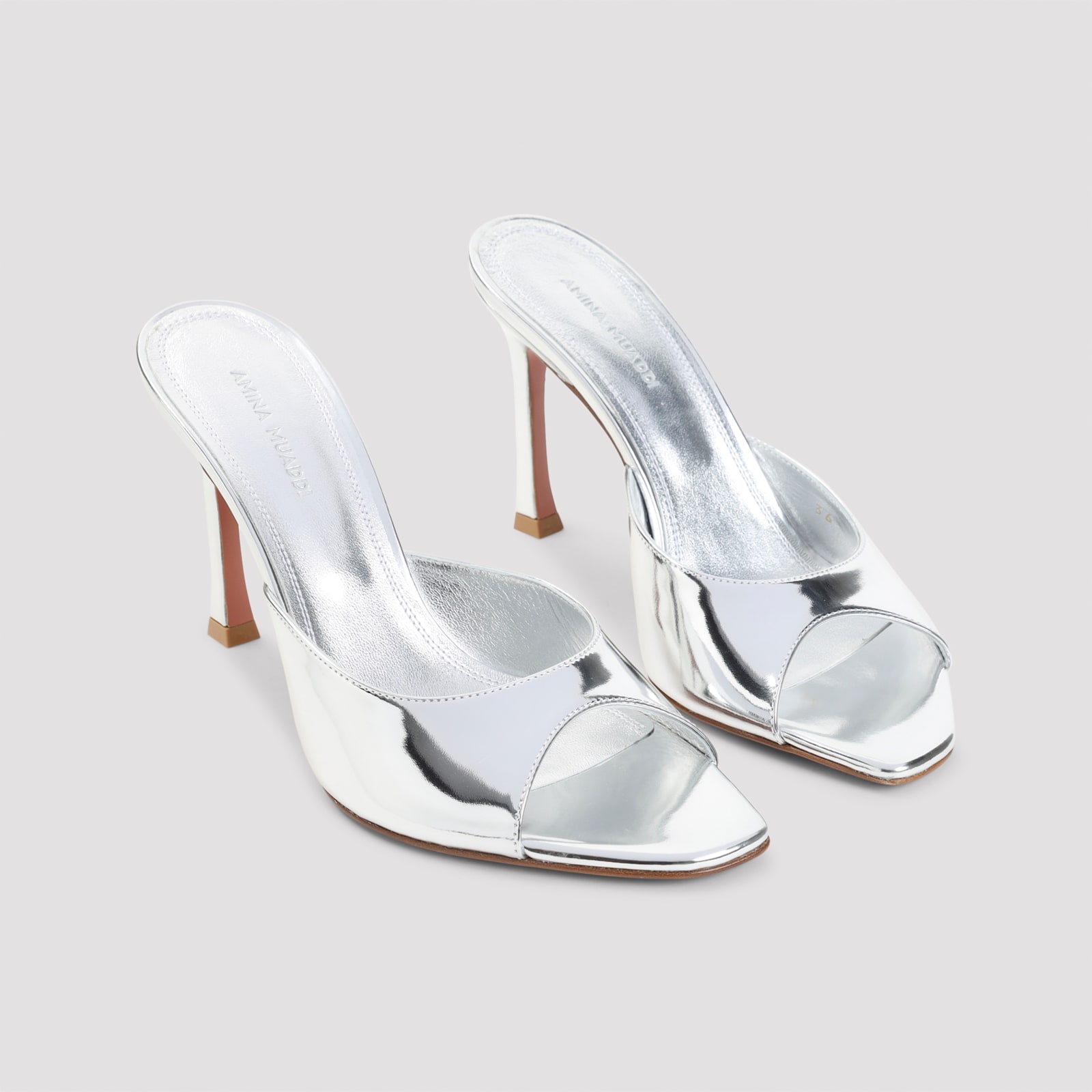 Amina Muaddi Silver Leather Alexa 95 Slippers In Metallic