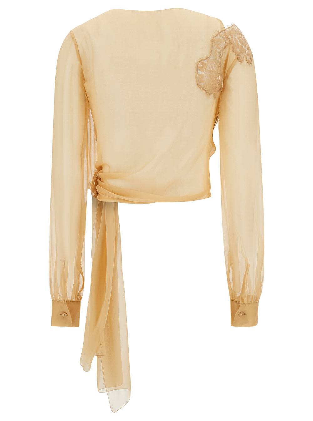 Shop Alberta Ferretti Beige Long Sleeve Blouse With Lace Insert And Bow In Silk Woman
