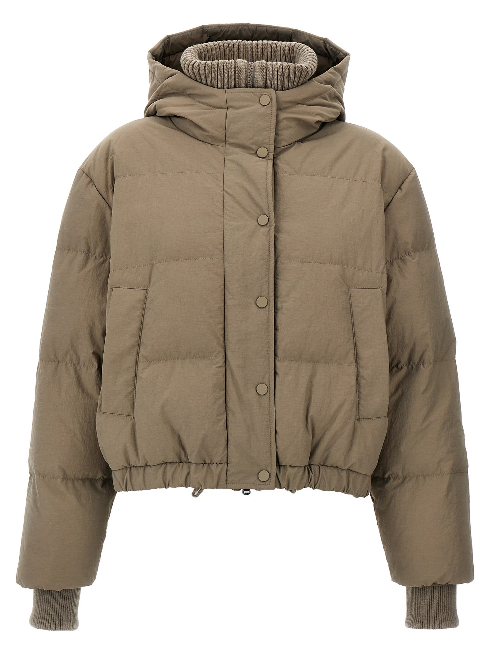 Shop Brunello Cucinelli Hooded Knit Insert Down Jacket In Beige