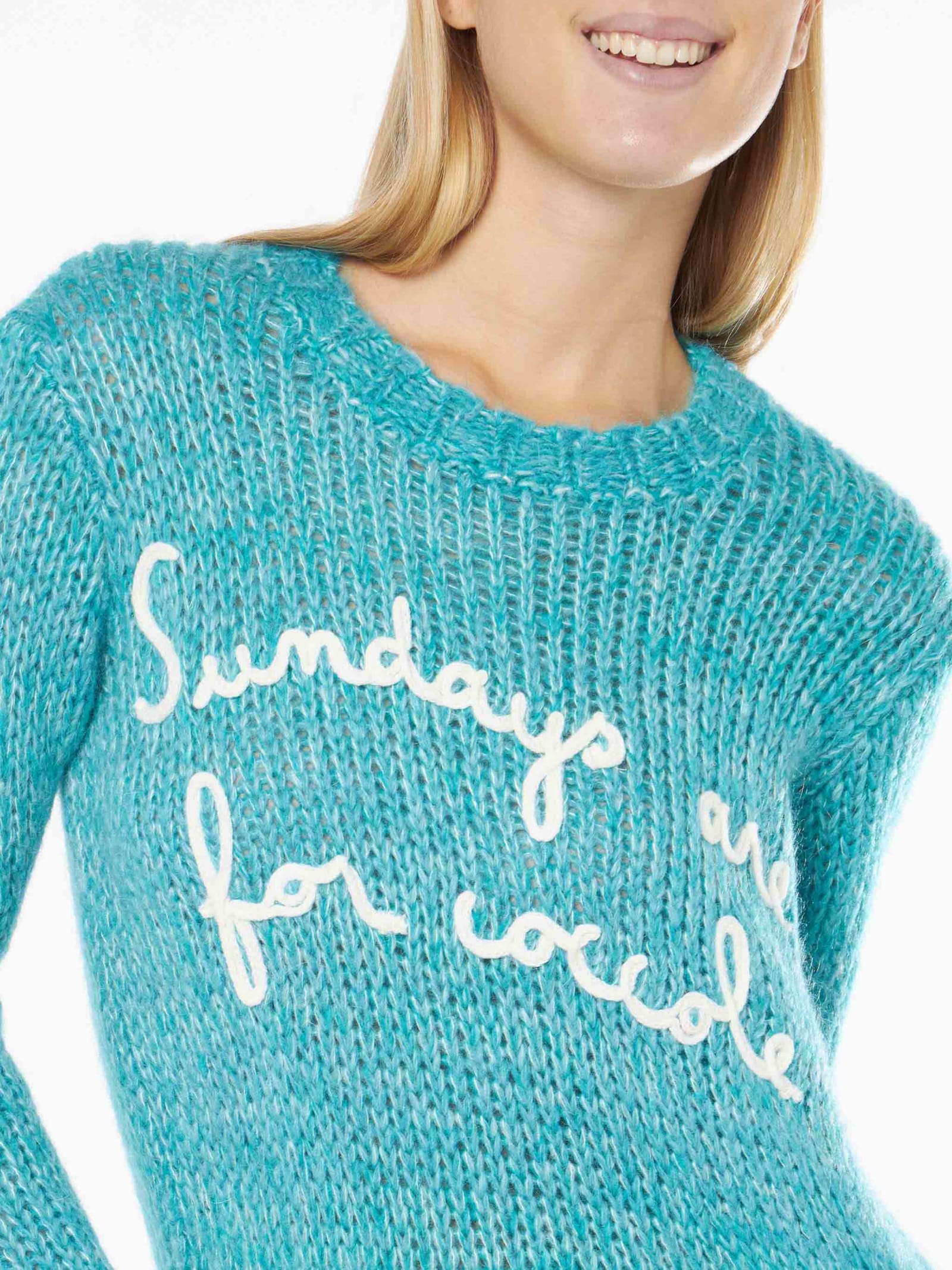 Shop Mc2 Saint Barth Woman Crewneck Soft Crop Sweater With Sundays Are For Coccole Embroidery In Sky