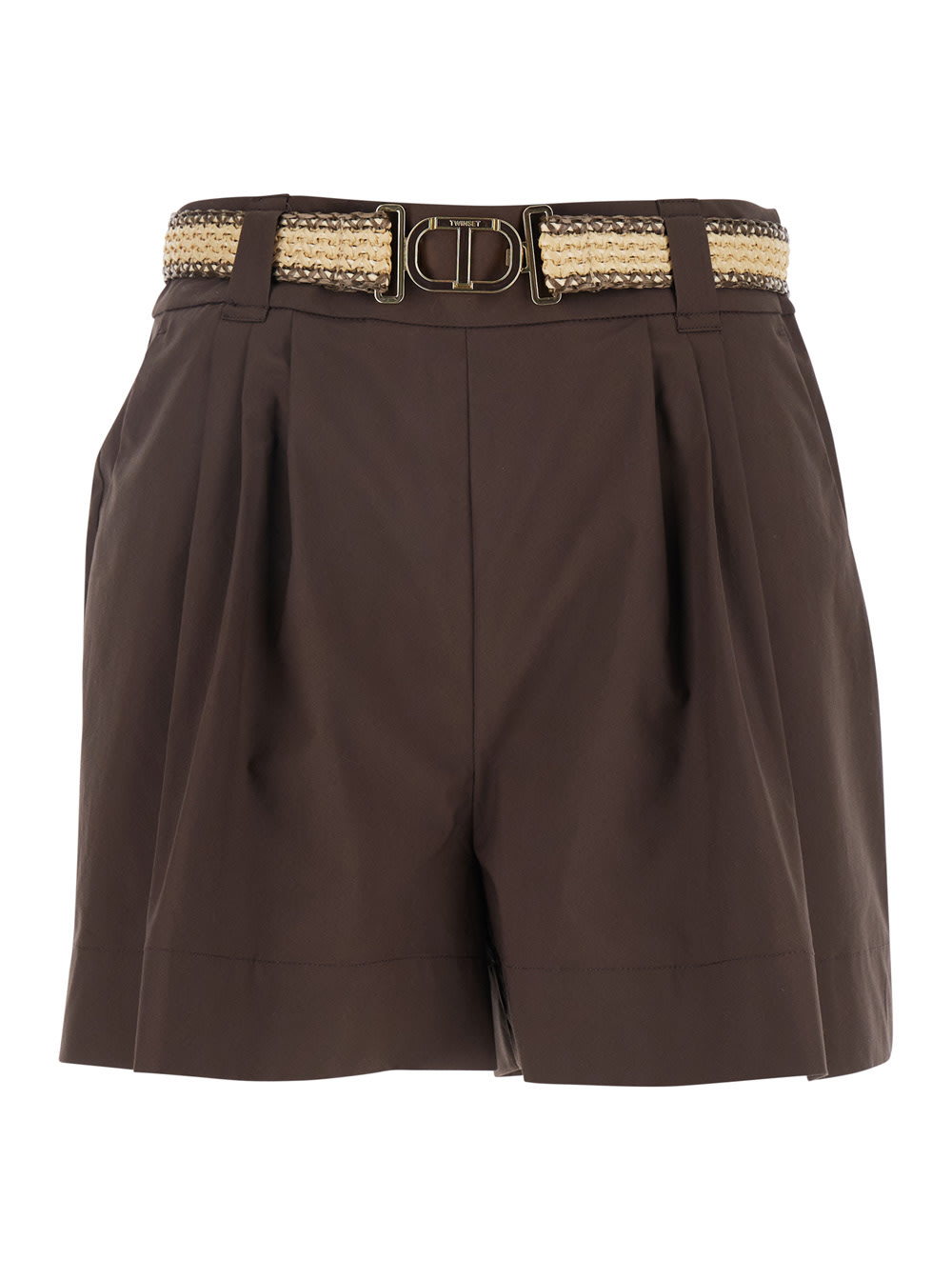 Shop Twinset Brown Shorts With Waist Belt And Metallic Logo Plaque In Cotton Poplin Woman