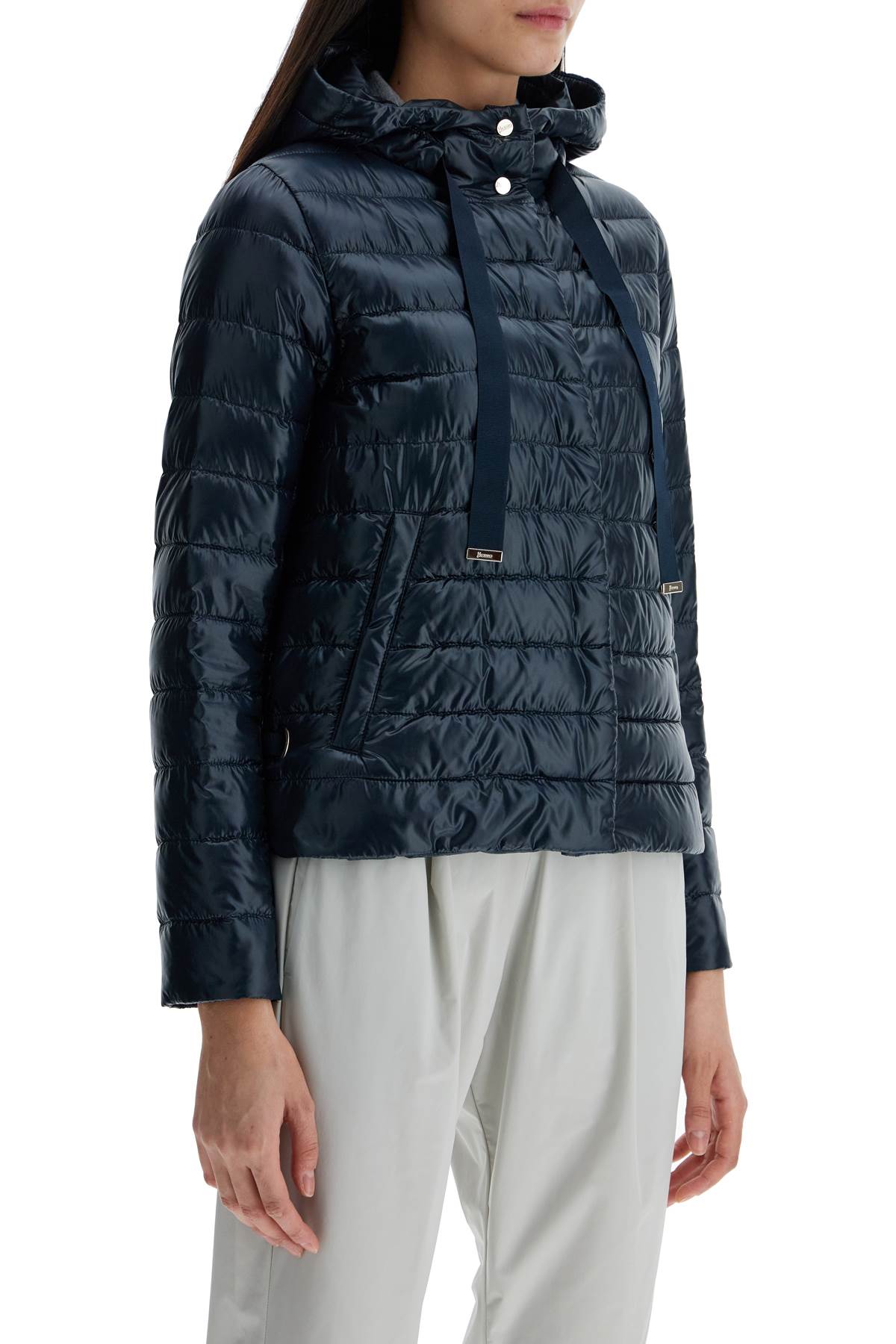 Herno Cropped Down Jacket With Hood In Ultralight Dark Blue Nylon In Blu (blue)