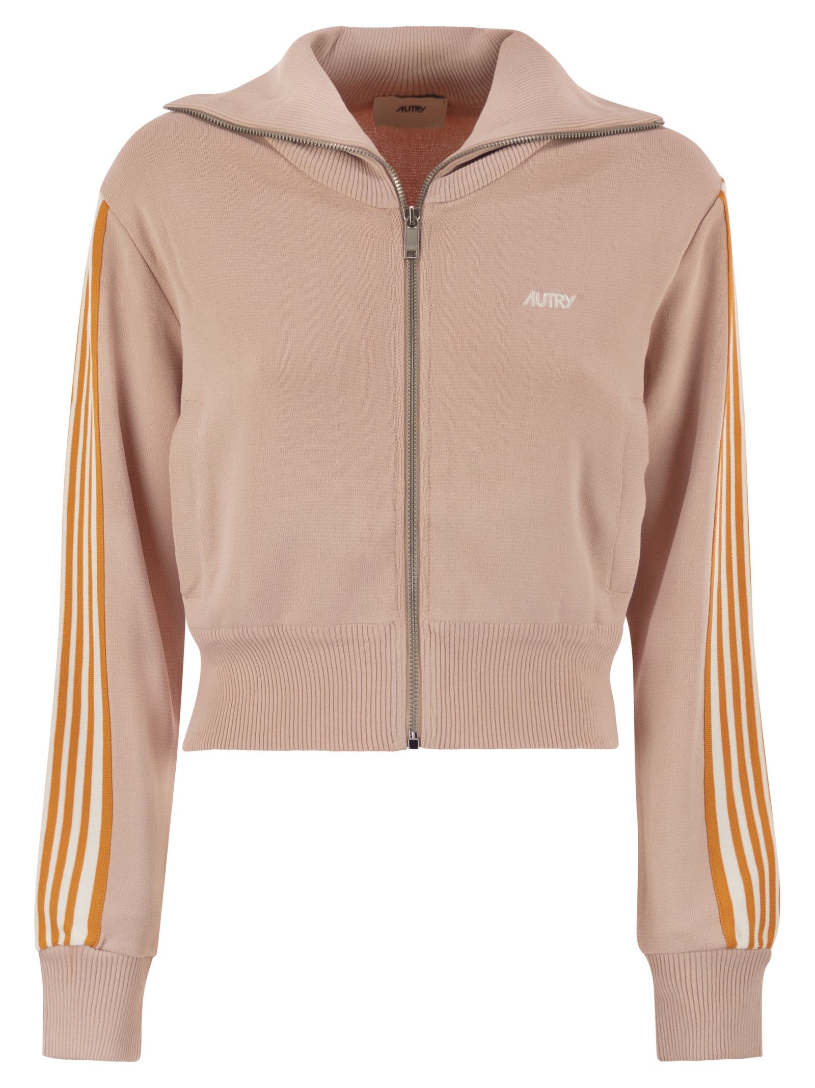 Autry Viscose Blend Jacket With Embroidered Logo And Contrasting Stripes In Pink