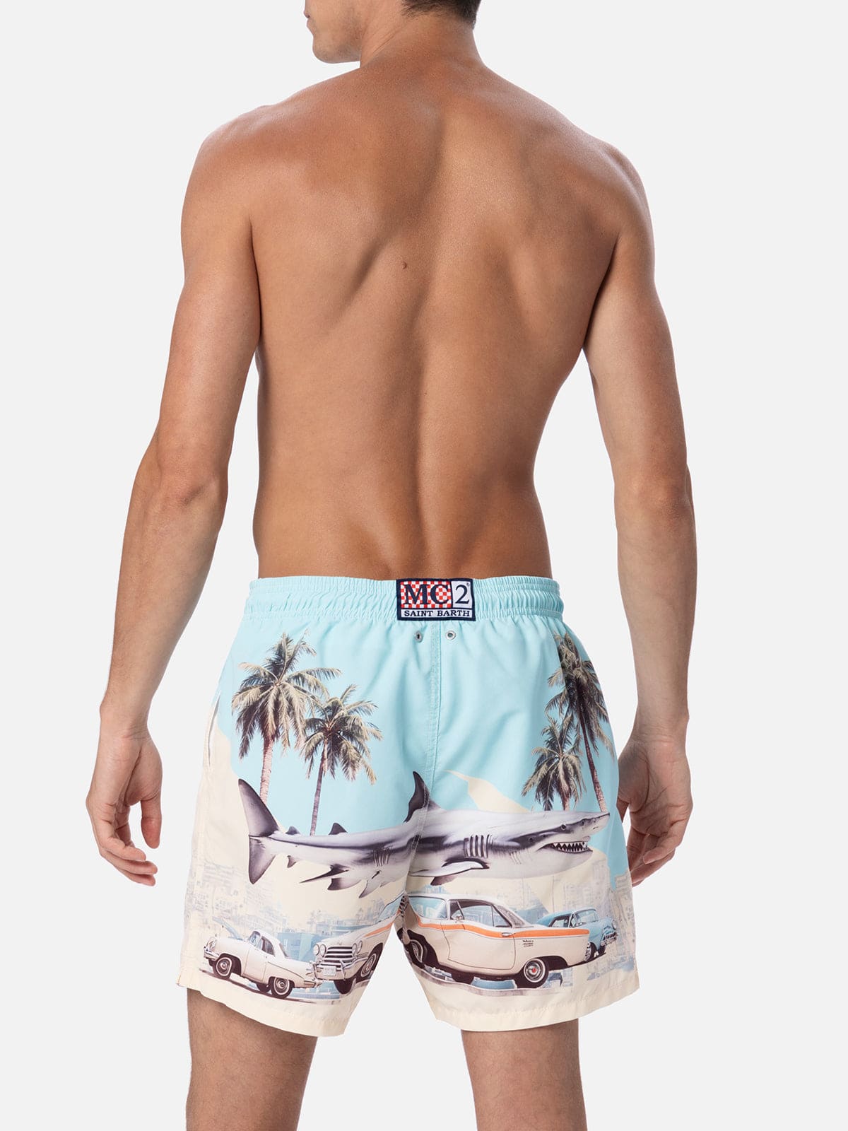 Mc2 Saint Barth Man Mid-length Gustavia Swim-shorts With Car And Shark Placed Print Ai Co-created Design By Rickdick In Green