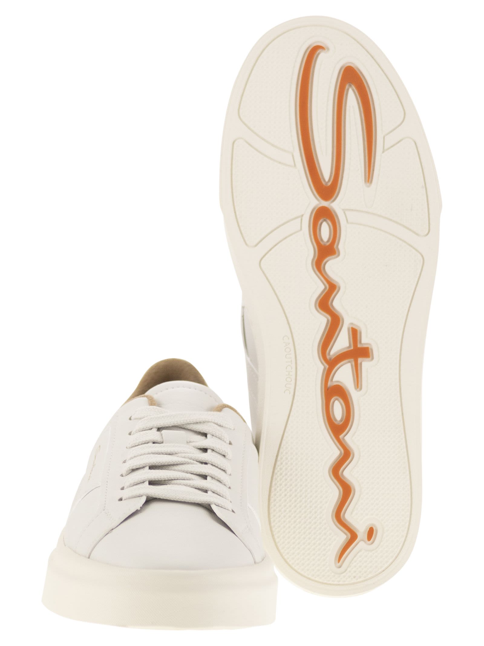 Santoni Tumbled Leather Double Buckle Trainer In White