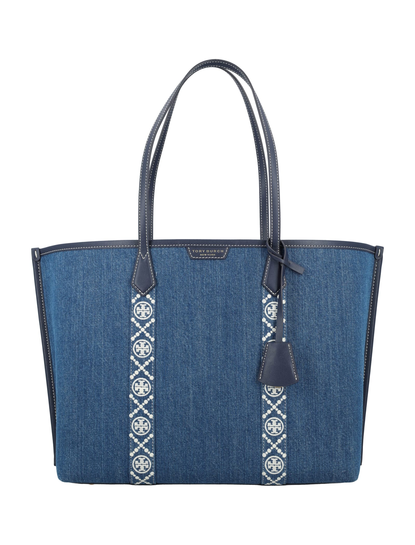 Shop Tory Burch Perry Denim Triple-compartment Tote In Denim Multi