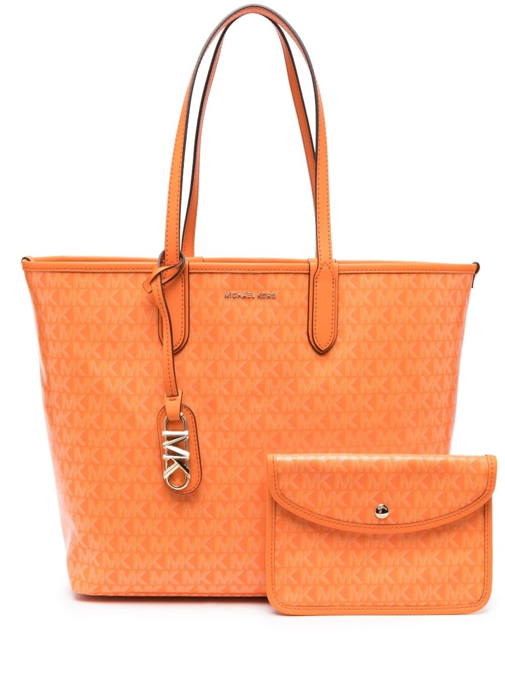 MICHAEL MICHAEL KORS BIG ORANGE TOTE BAG WITH ALL-OVER MONOGRAM AND LOGO CHARM IN FAUX LEATHER WOMAN