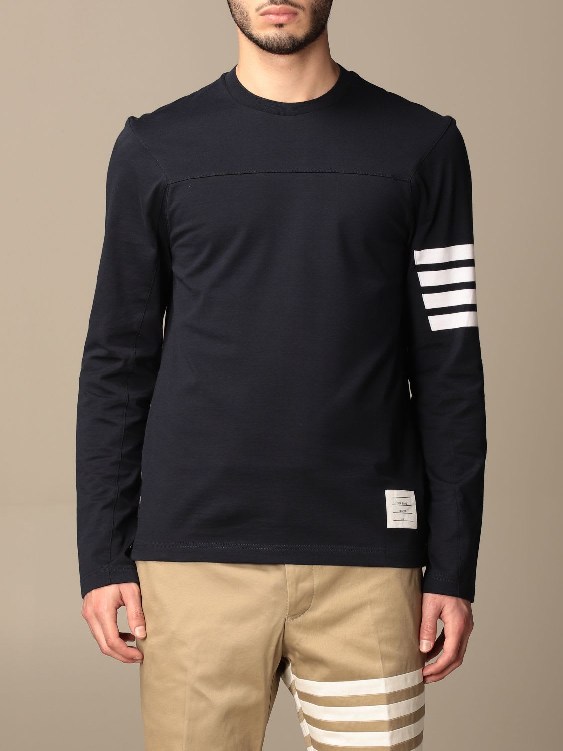 THOM BROWNE COTTON T-SHIRT WITH STRIPED DETAIL,MJS151A 06221 415