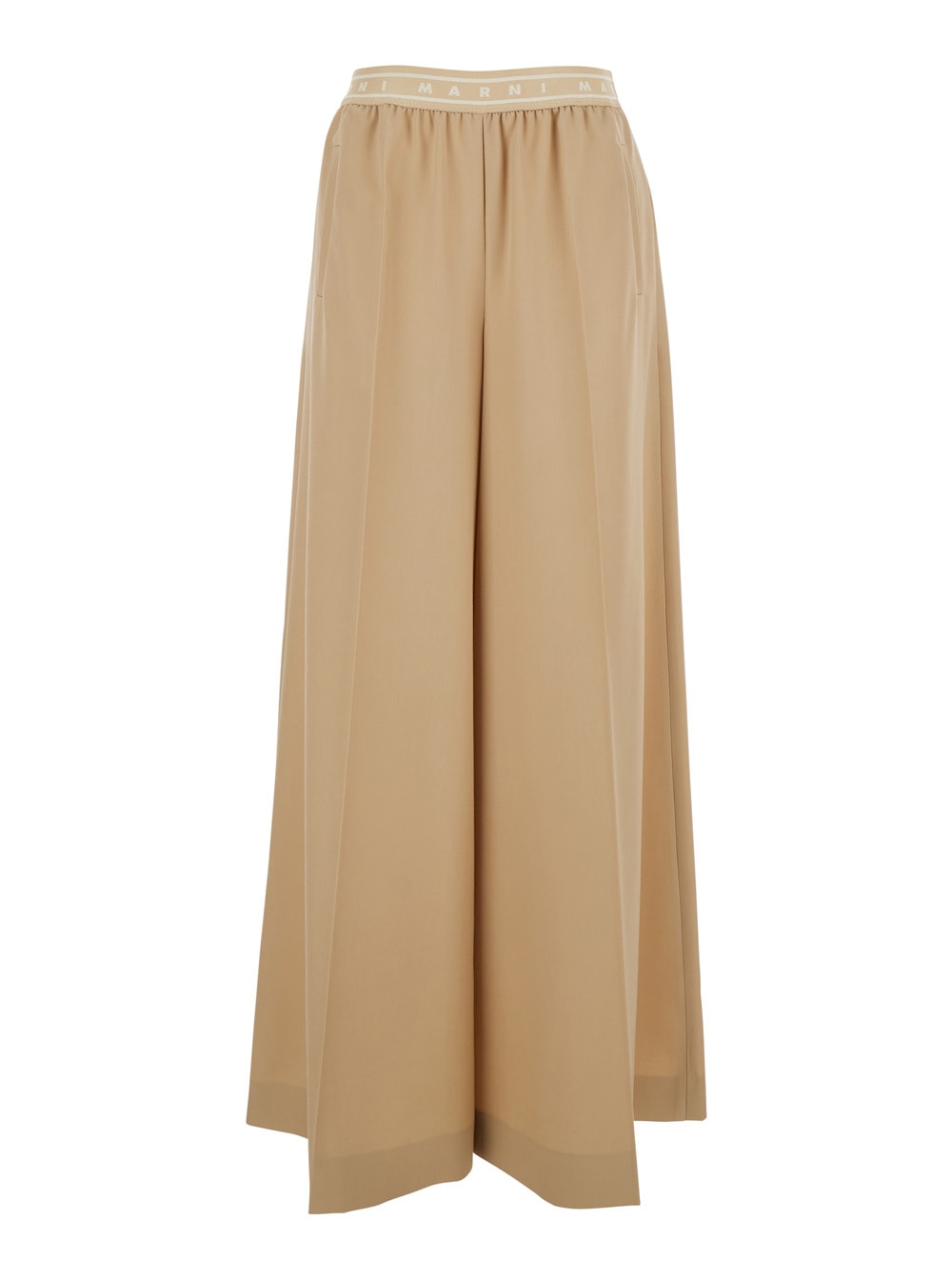 Marni Beige Pants With Elastic Waist And Logo Lettering In Wool Woman In Brown