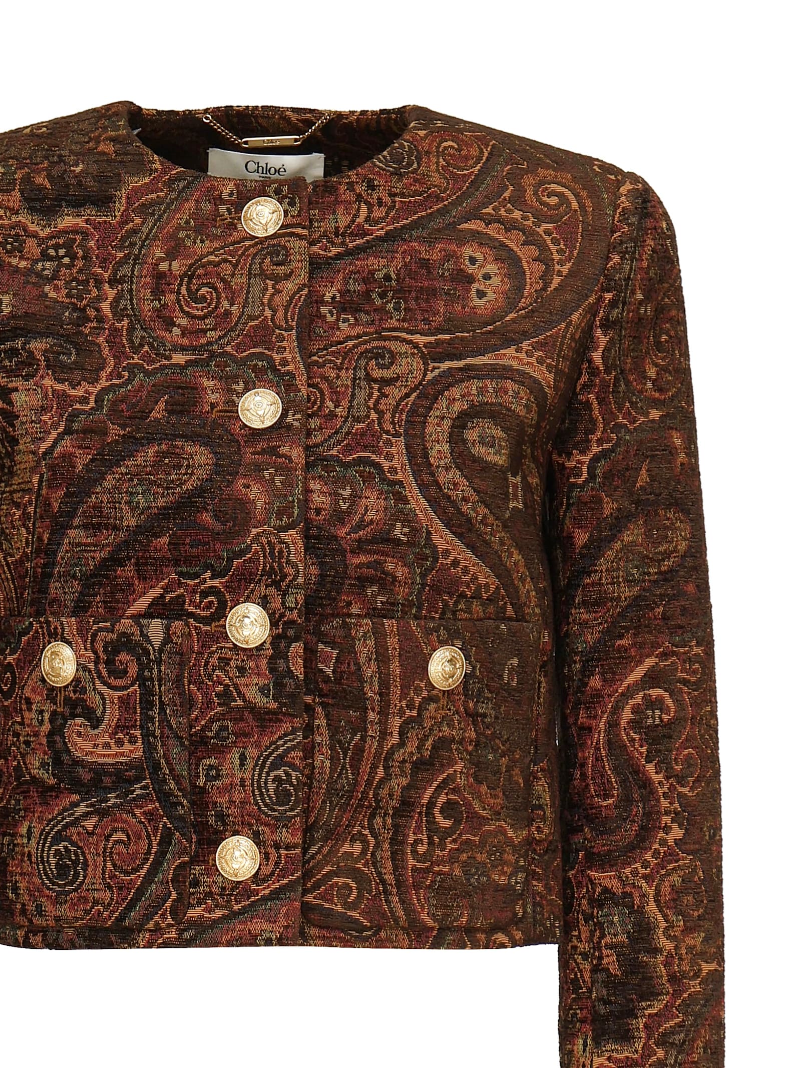 Chloé Multicolor Cropped Jacket With Round Neck And All-over Motif In Cotton Blend Woman In Brown