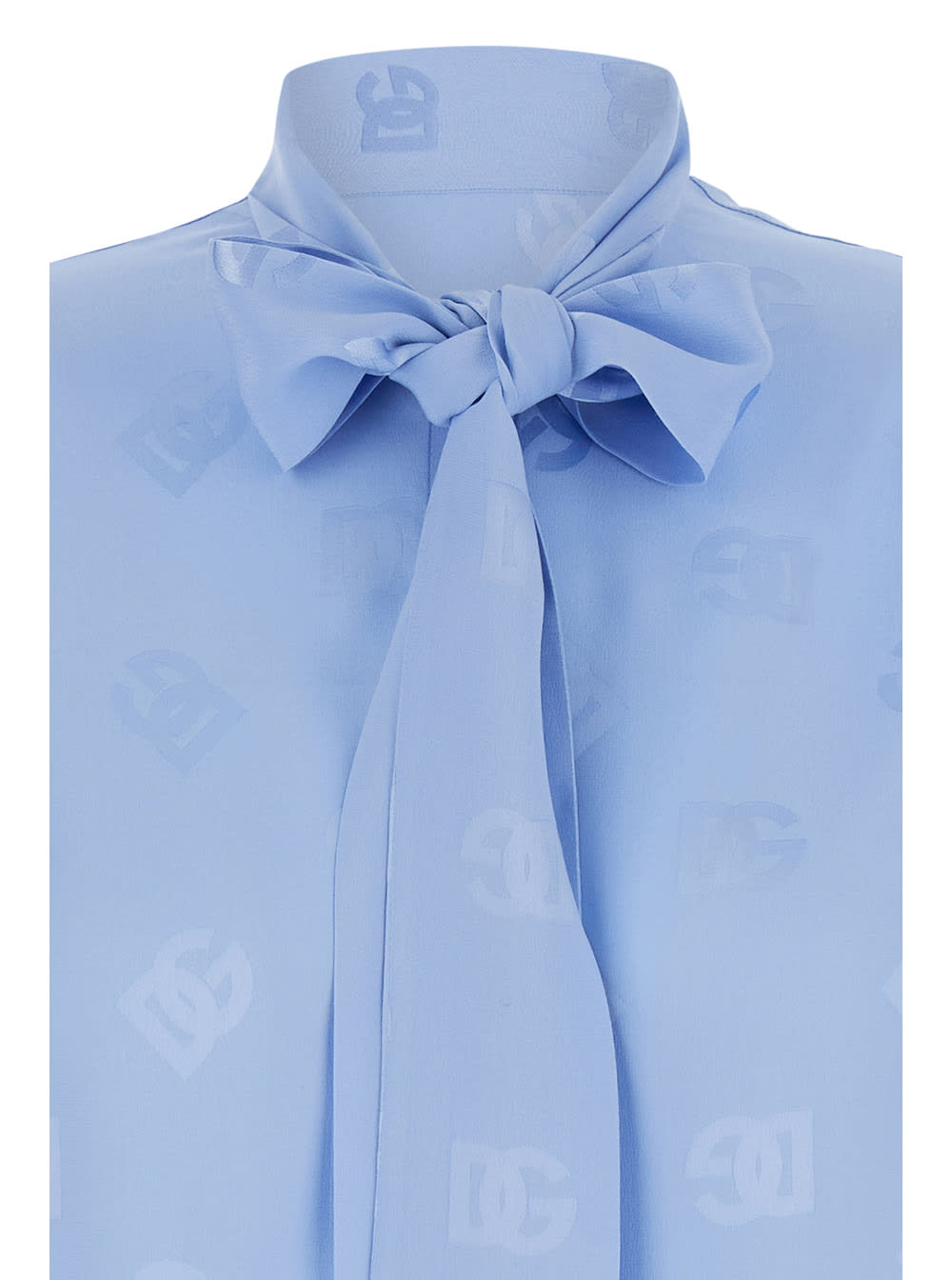 Shop Dolce & Gabbana Light Blue Shirt With Bow And Jacquard Dg Logo In Silk Woman