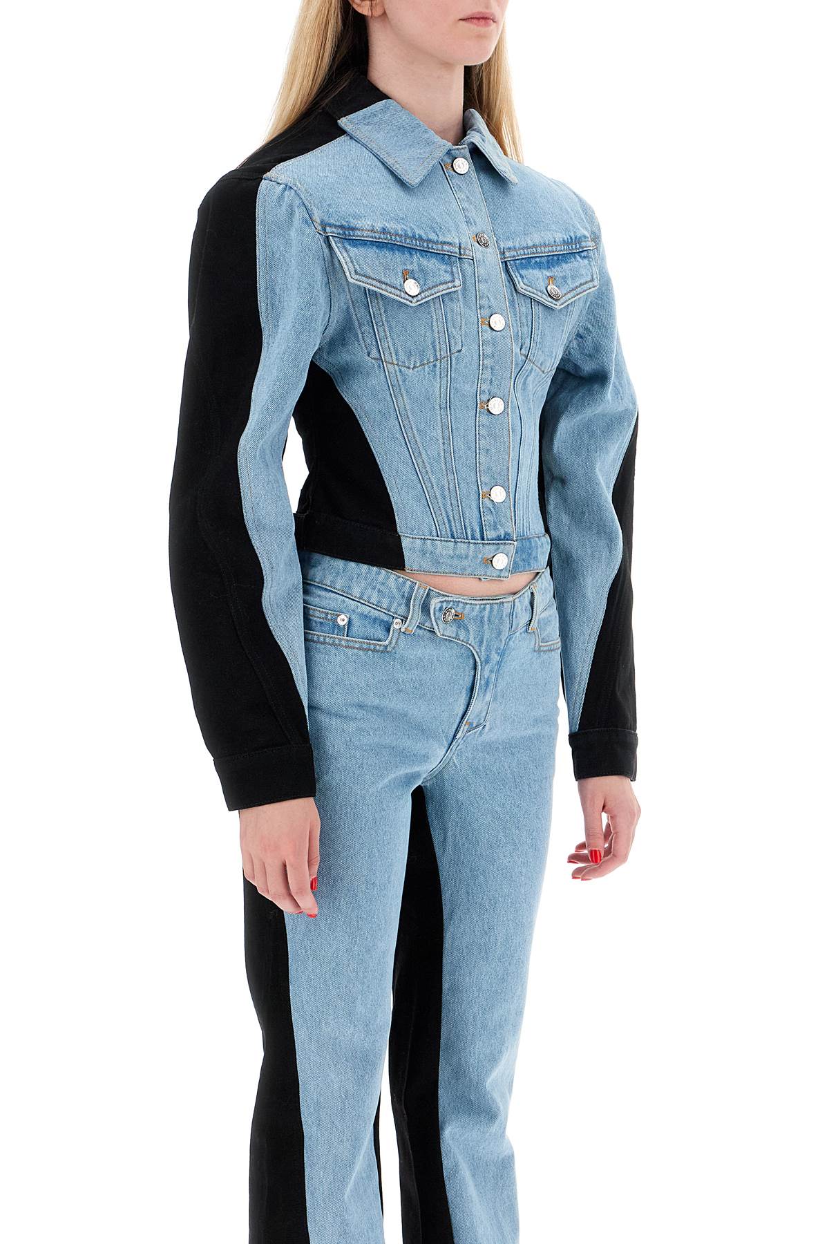 Shop Mugler Bicolor Denim Jacket In Tokyo Blue Black (blue)