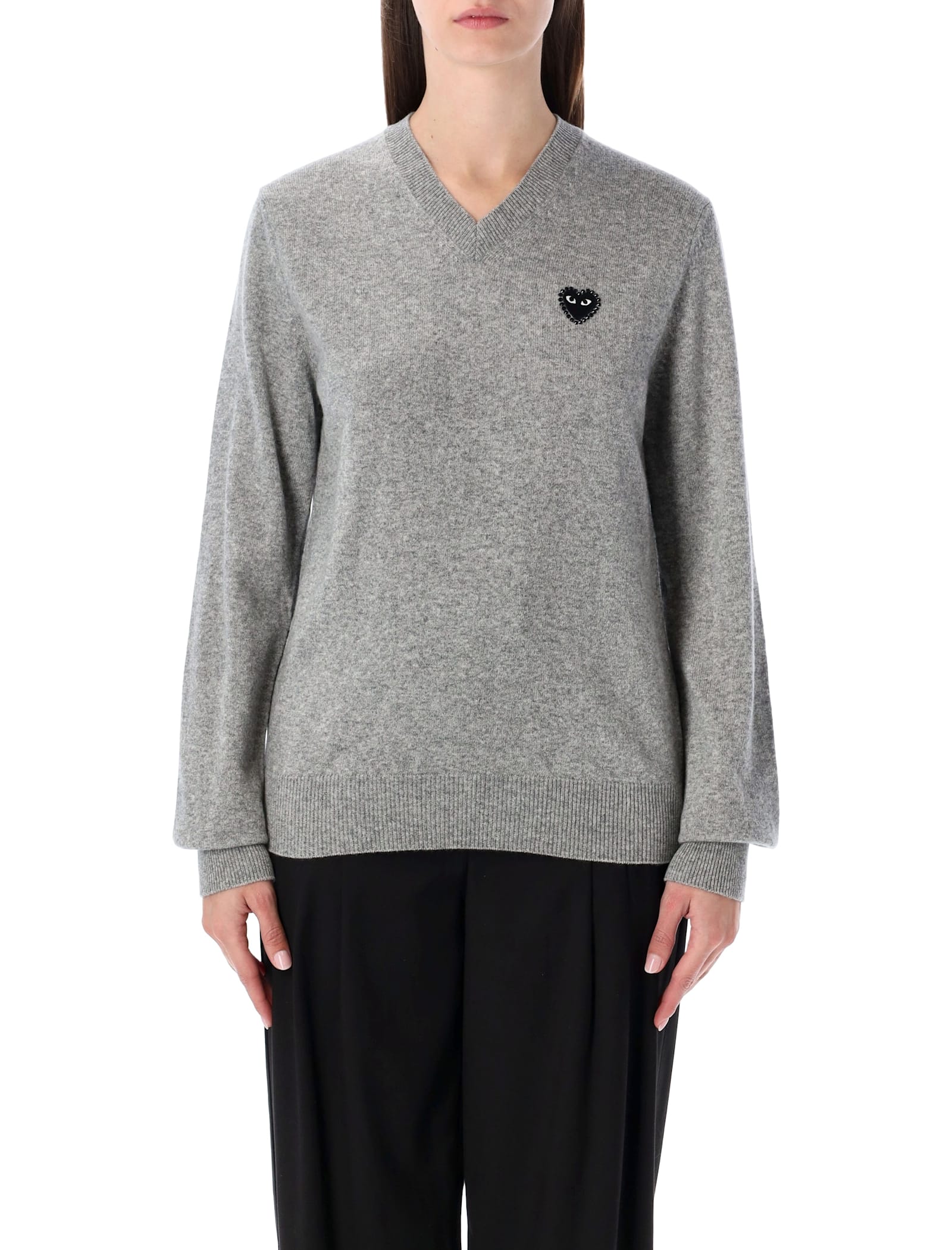 Comme Des Garçons Play Wool V-neck Sweater With Black Heart And Crystals In Gray