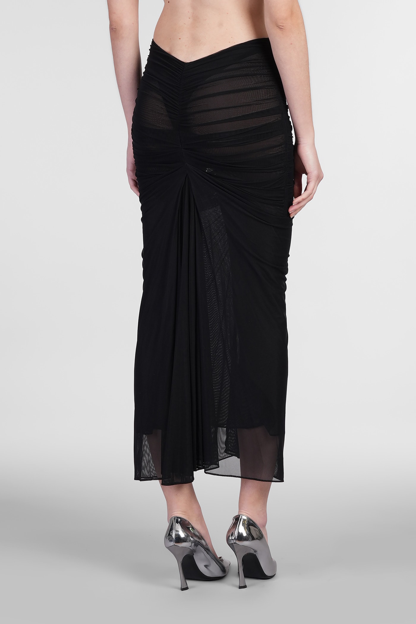 Mugler Black Ruched Mesh Midi Skirt In Black