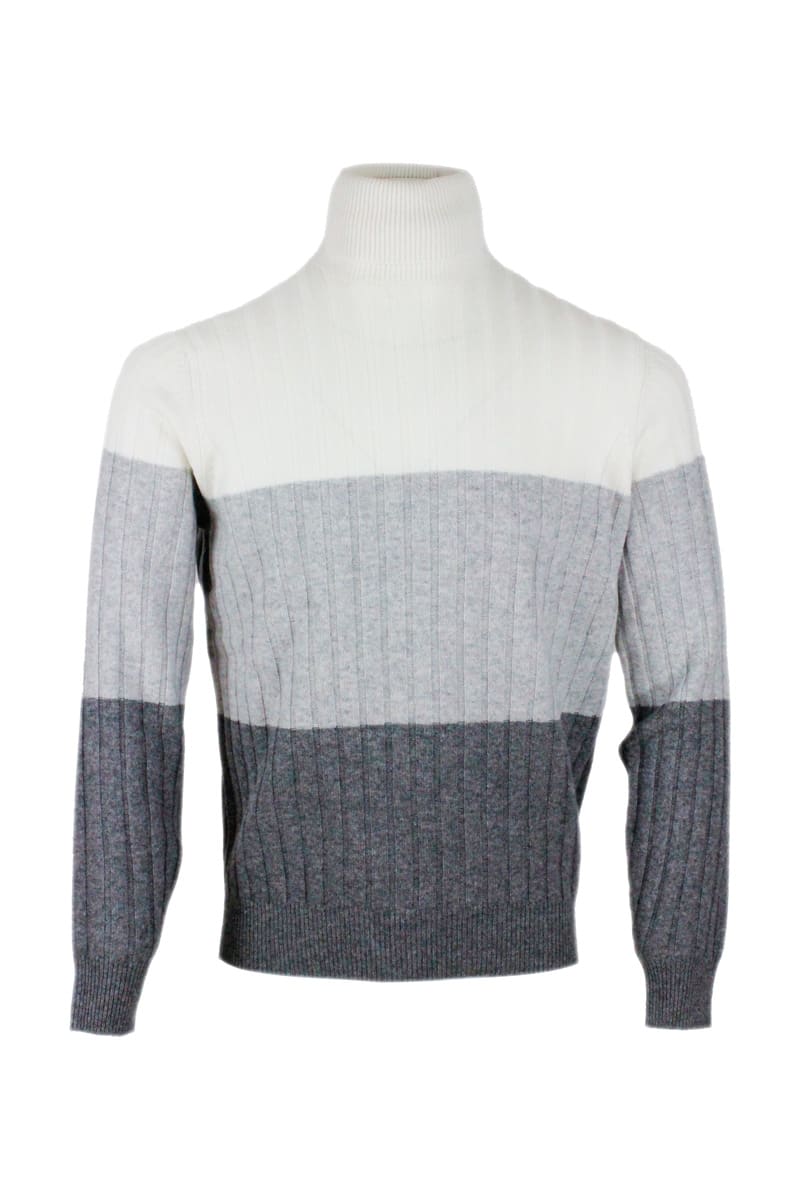 Brunello Cucinelli Turtleneck Sweater With Flat Rib Knit In Wool, Cashmere And Silk