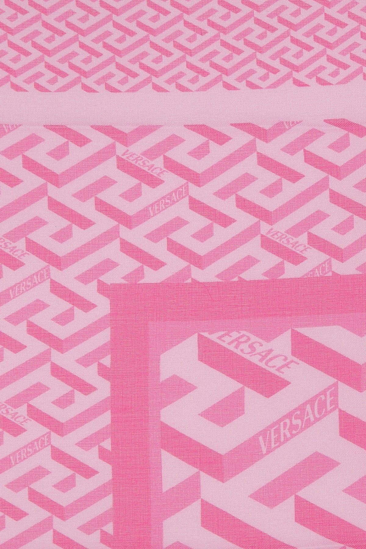 Versace Signature Print Frayed Edge Scarf In Rosa