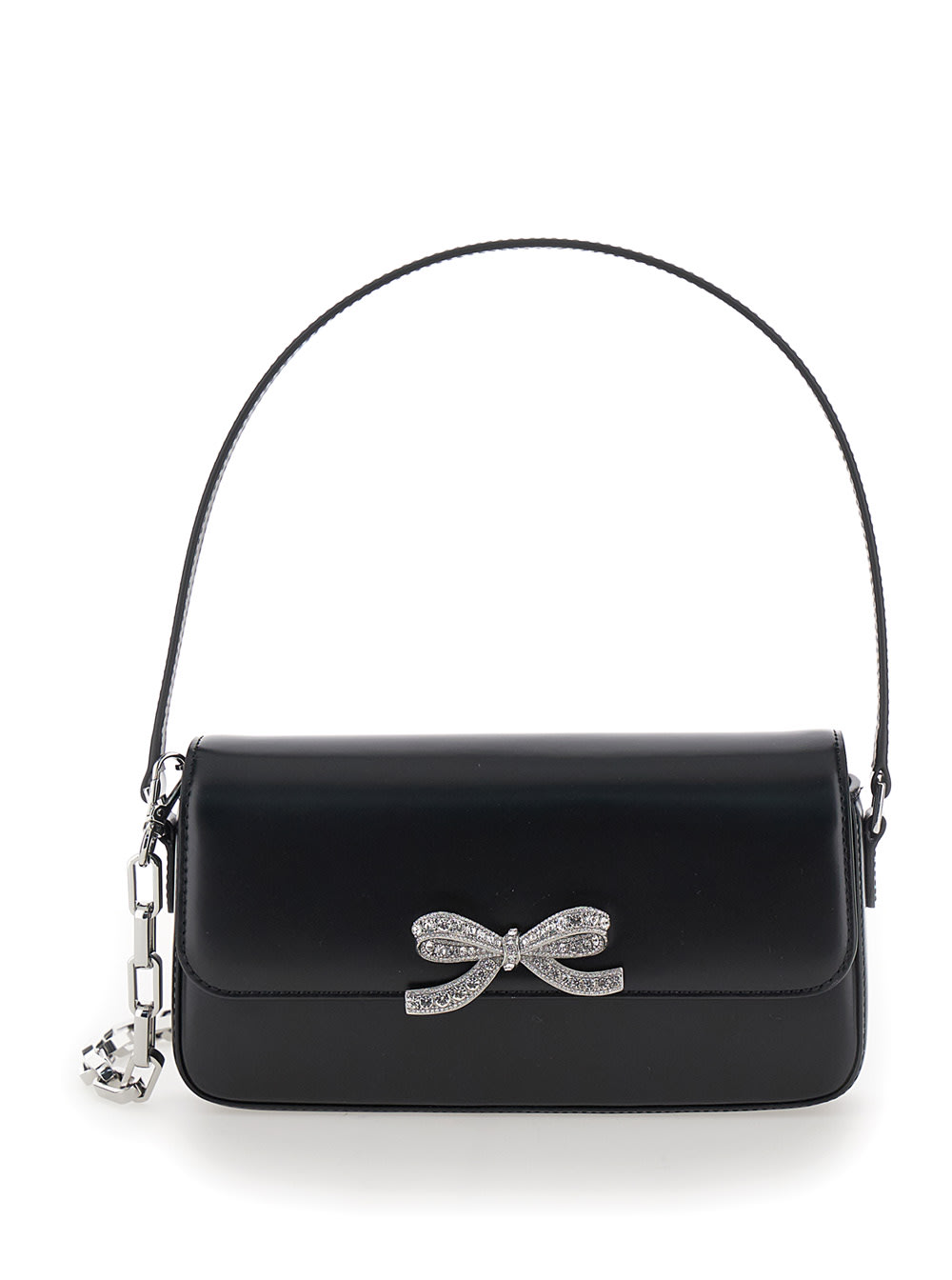 Shop Self-portrait Black Shoulder Bag With Crystal Bow Detail In Smooth Leather Woman