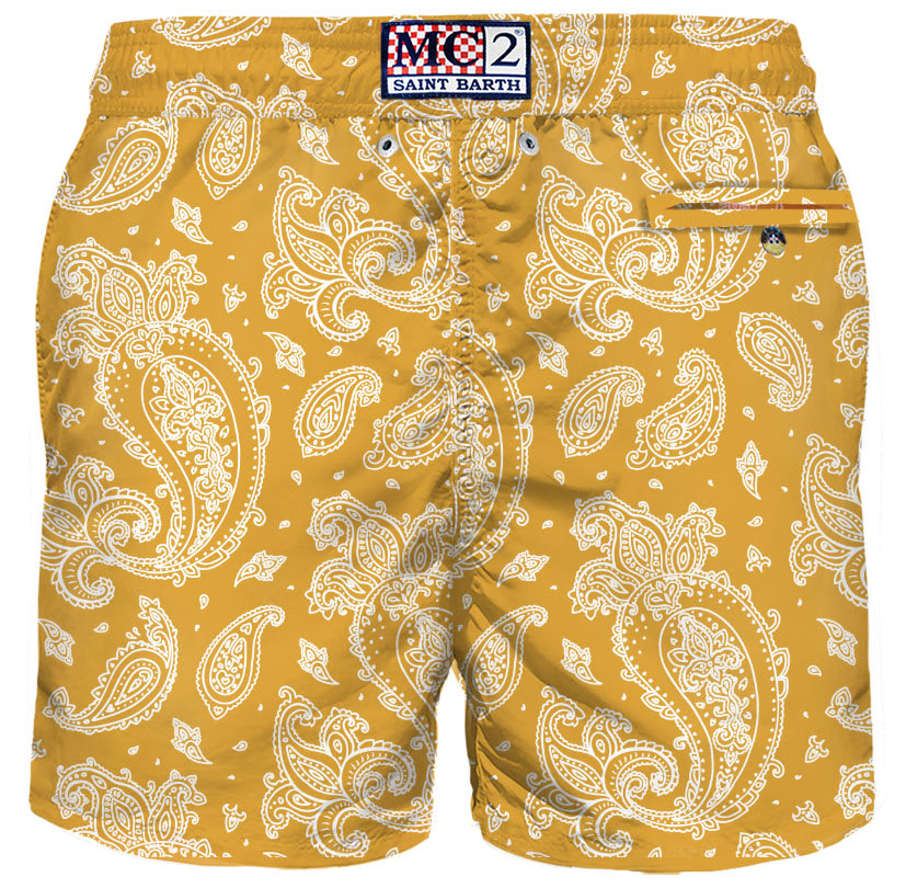 Shop Mc2 Saint Barth Man Light Fabric Swim Shorts With Ochre Paisley Print In Yellow