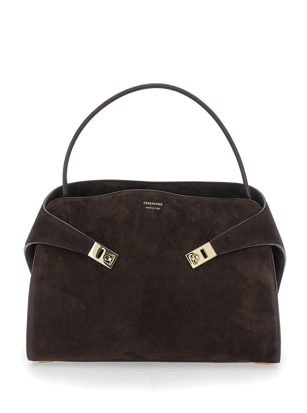 FERRAGAMO HUG BROWN SHOULDER BAG WITH LOGO PRINTED ON FRONT IN SUEDE WOMAN