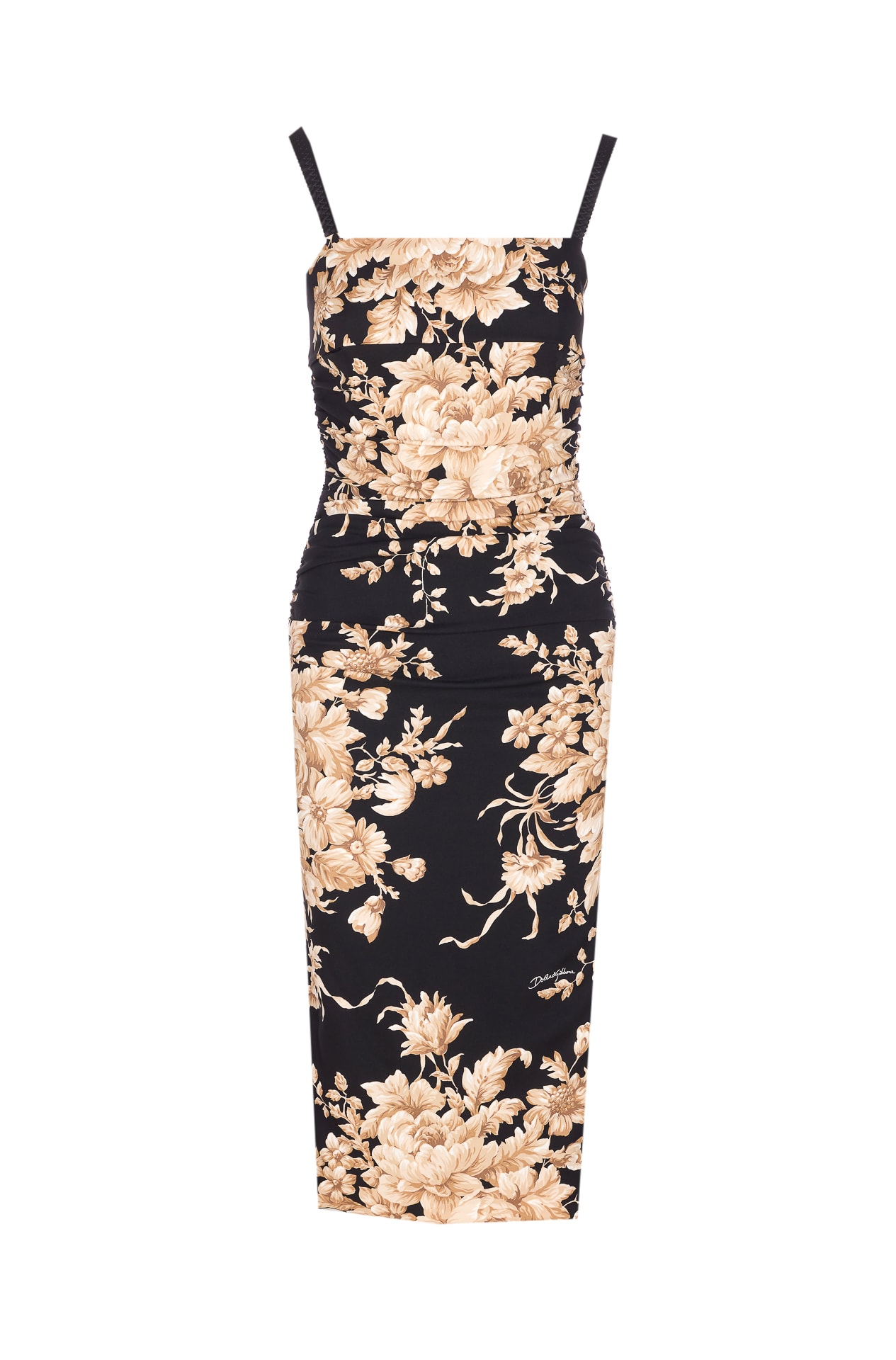 Dolce & Gabbana Floral Print Fitted Dress With Spaghetti Straps In Black