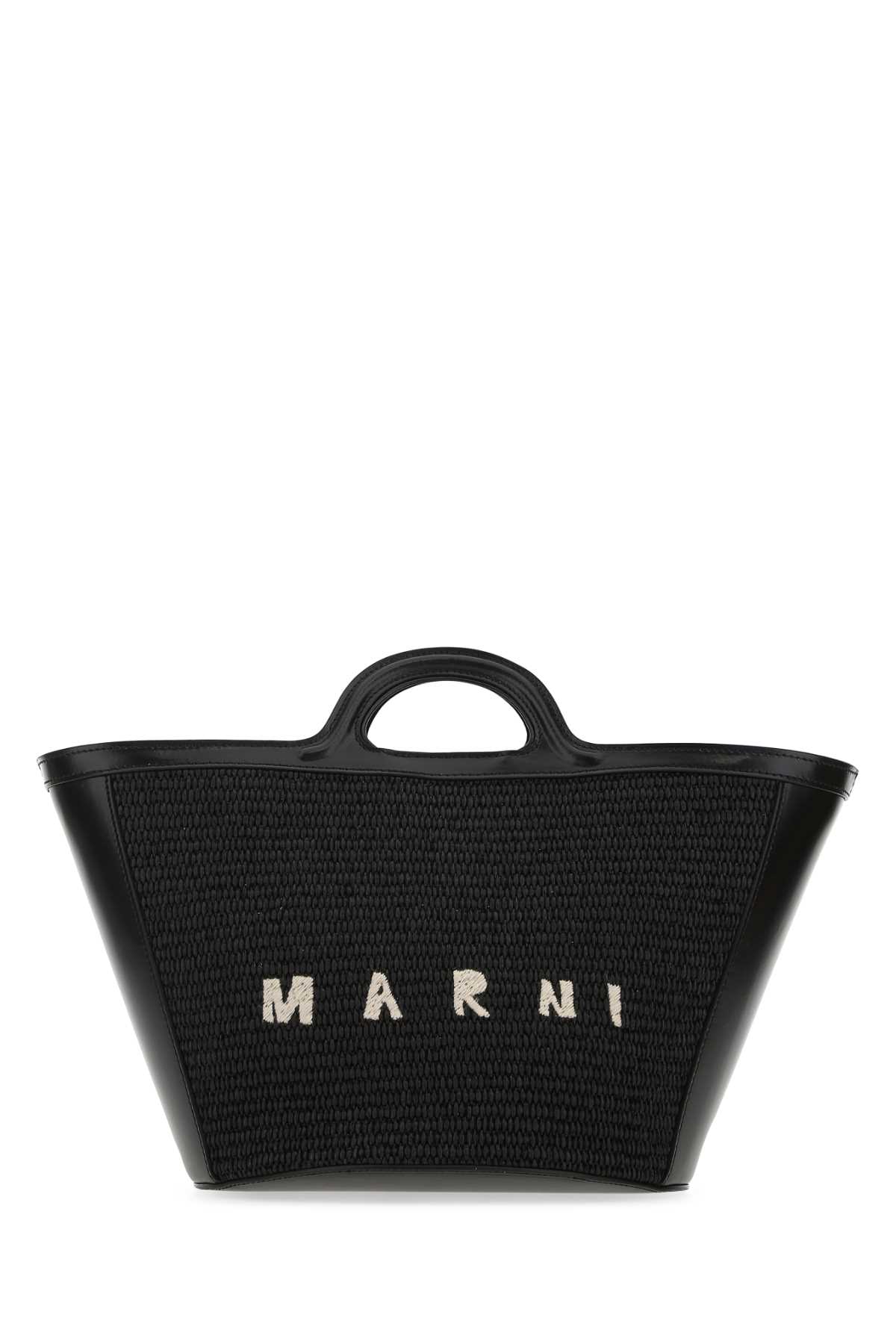 Shop Marni Black Leather And Raffia Small Tropicalia Summer Handbag In 00n99