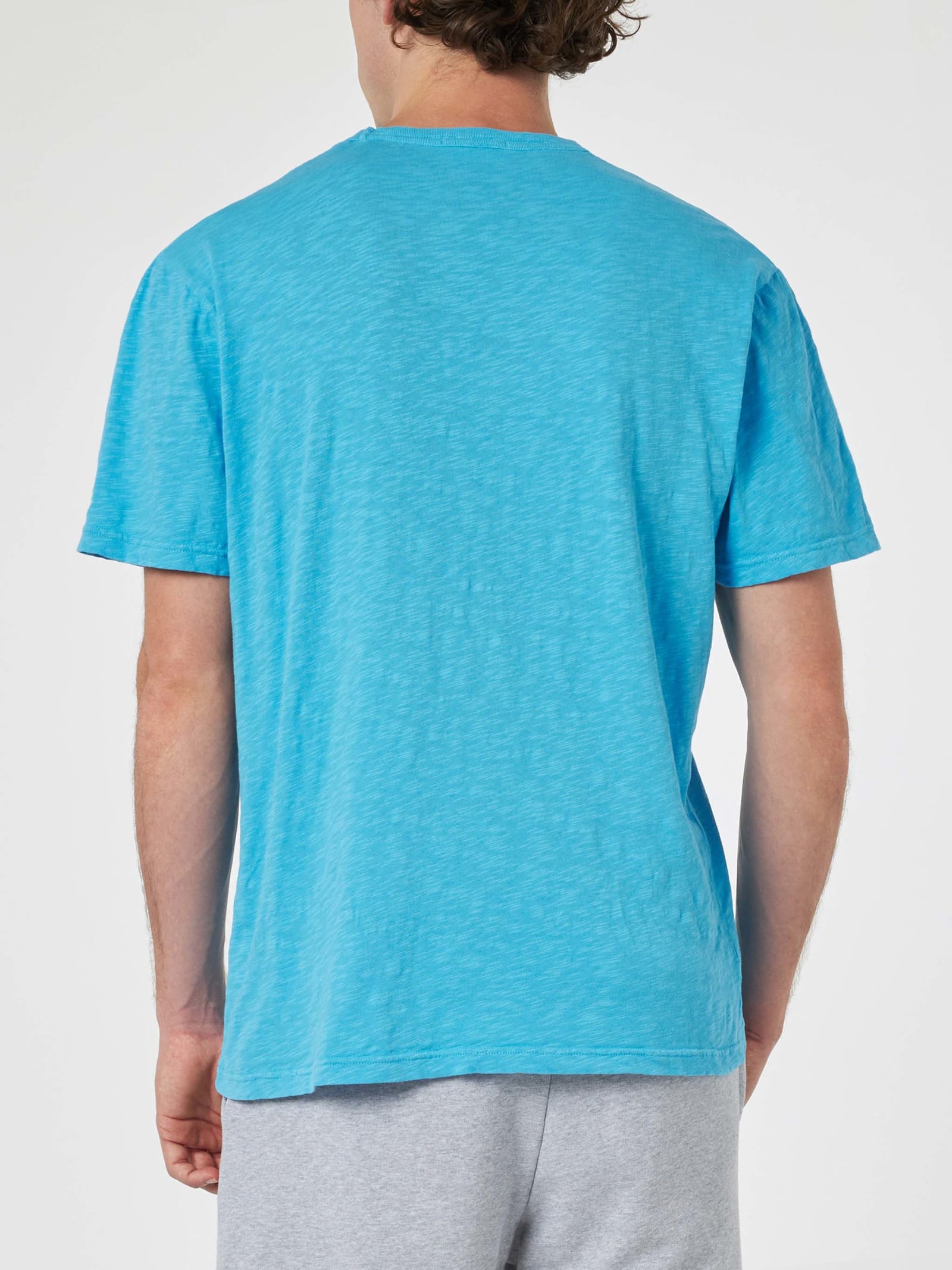 Mc2 Saint Barth Man Bluette Flamed Cotton T-shirt President With Embroidery In Sky