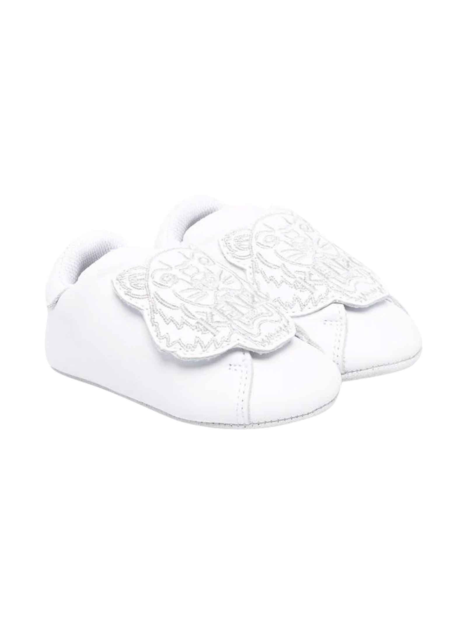 Kenzo Kids White Baby Shoes With Tiger Head Application, Front Closure With Strap By.