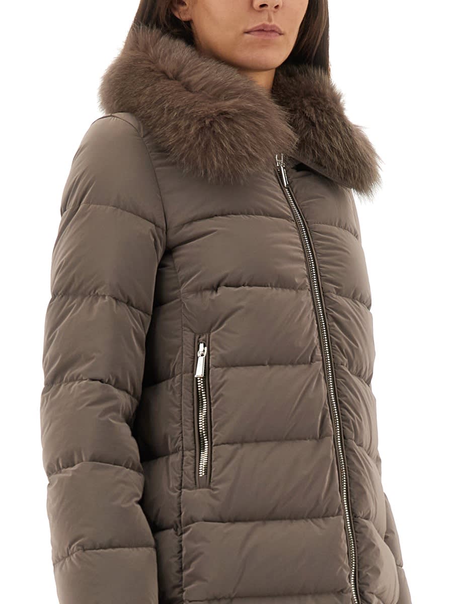 Moorer Trapeze-line Down Jacket With Detachable Fox Fur Collar In Brown