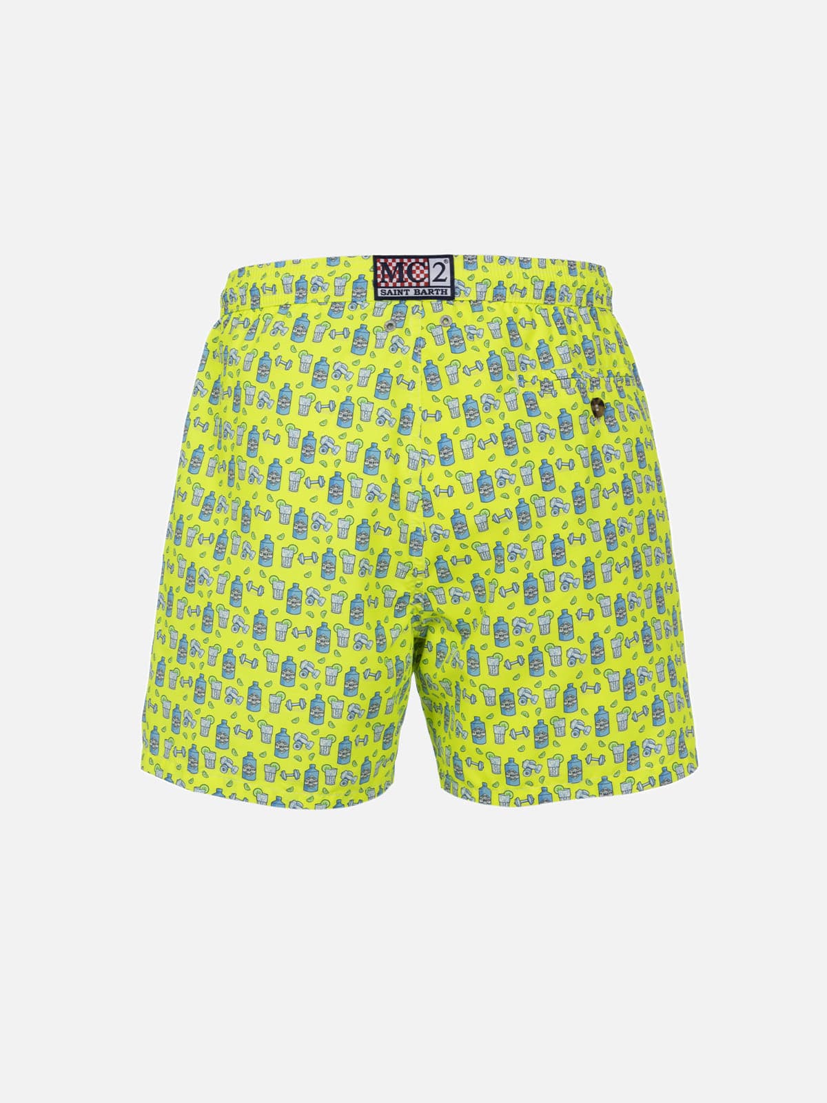 Mc2 Saint Barth Man Lightweight Fabric Swim-shorts Lighting Micro Fantasy With Gym And Gin Print In Yellow