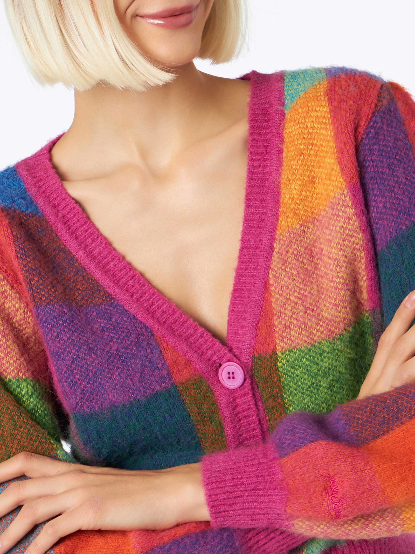 Shop Mc2 Saint Barth Woman Brushed Cropped Cardigan With Puff Sleeves In Multicolor