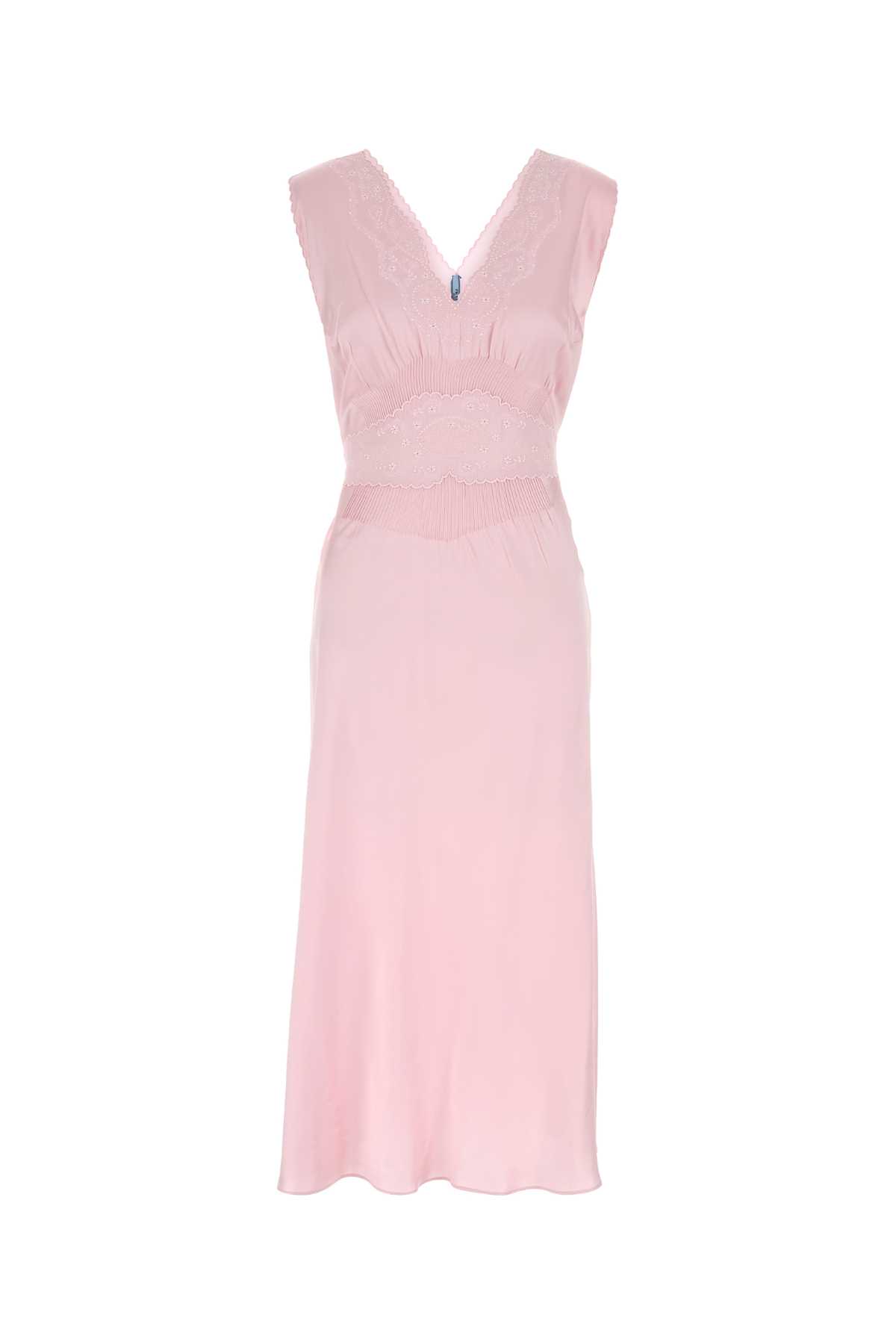Prada Satin Dress With Lace Detailing And V-neckline In Rosa