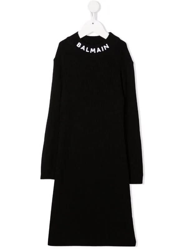 Balmain Kids Ribbed Wool Knit Dress With White Sequined Logo