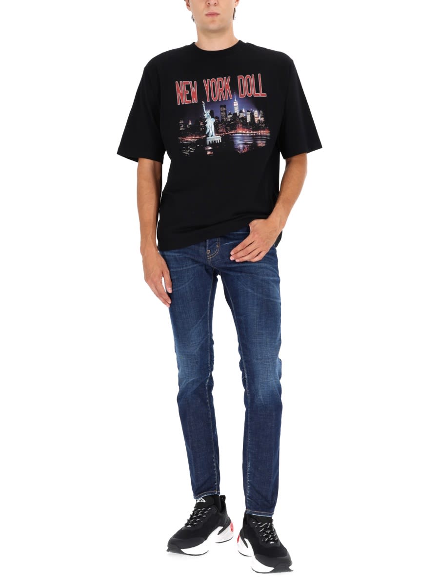 Dsquared2 Casual Cotton T-shirt With Nighttime Cityscape Print In Black