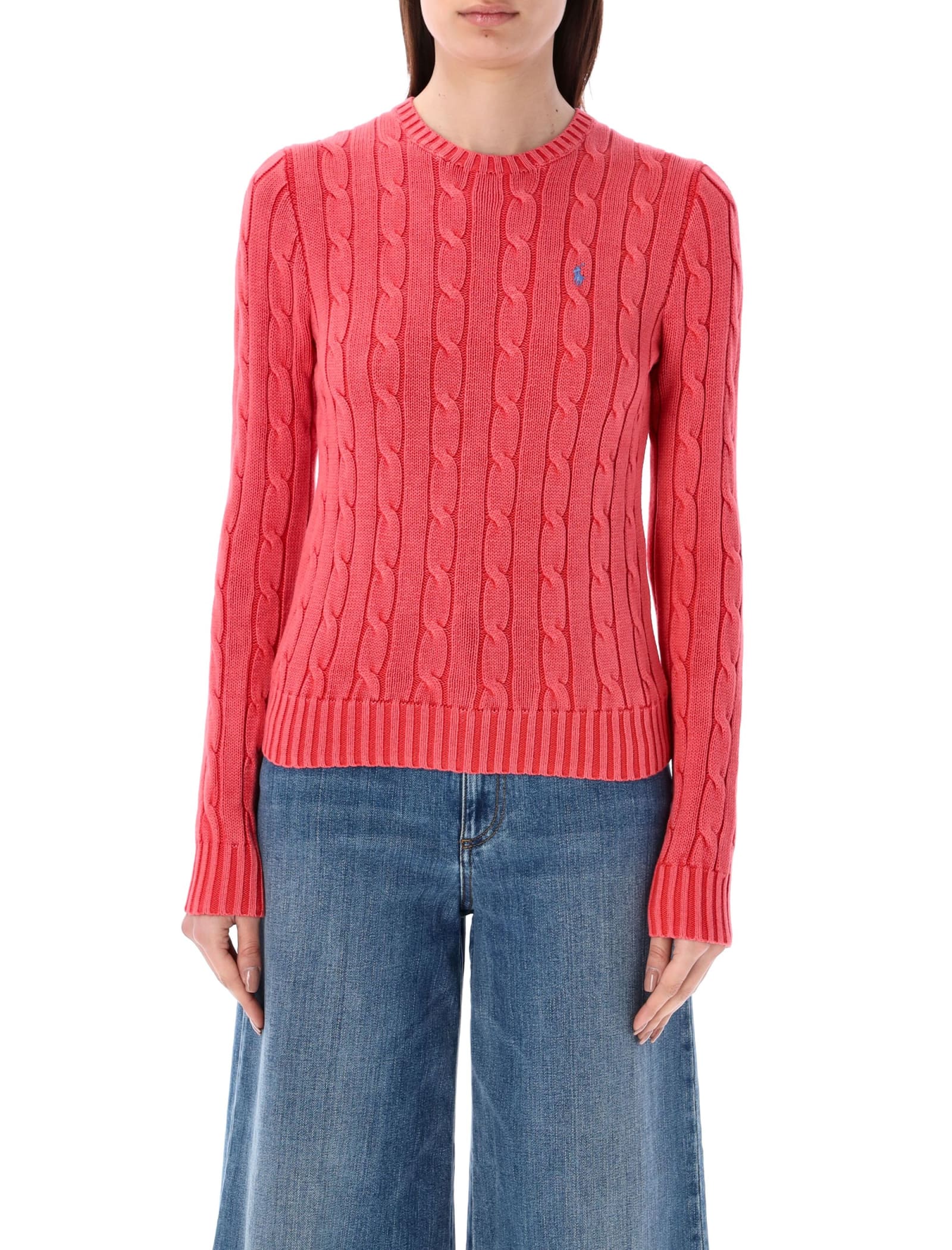 Shop Polo Ralph Lauren Cable-knit Cotton Crewneck Sweater In Corallo