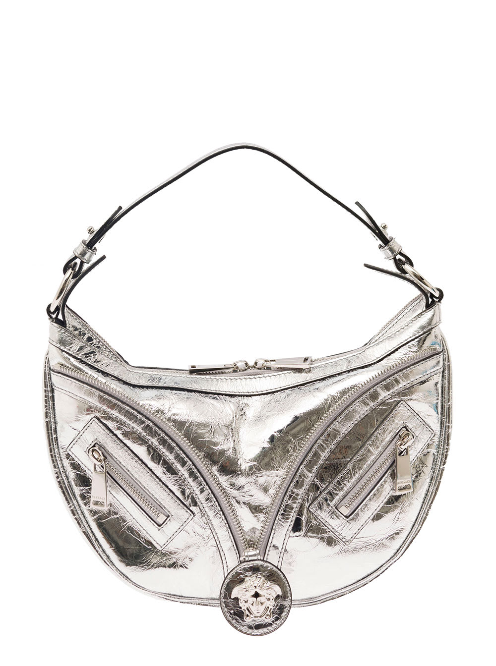 Versace Hobo Silver Hand Bag With Medusa Detail In Laminated Leather Woman In Metallic