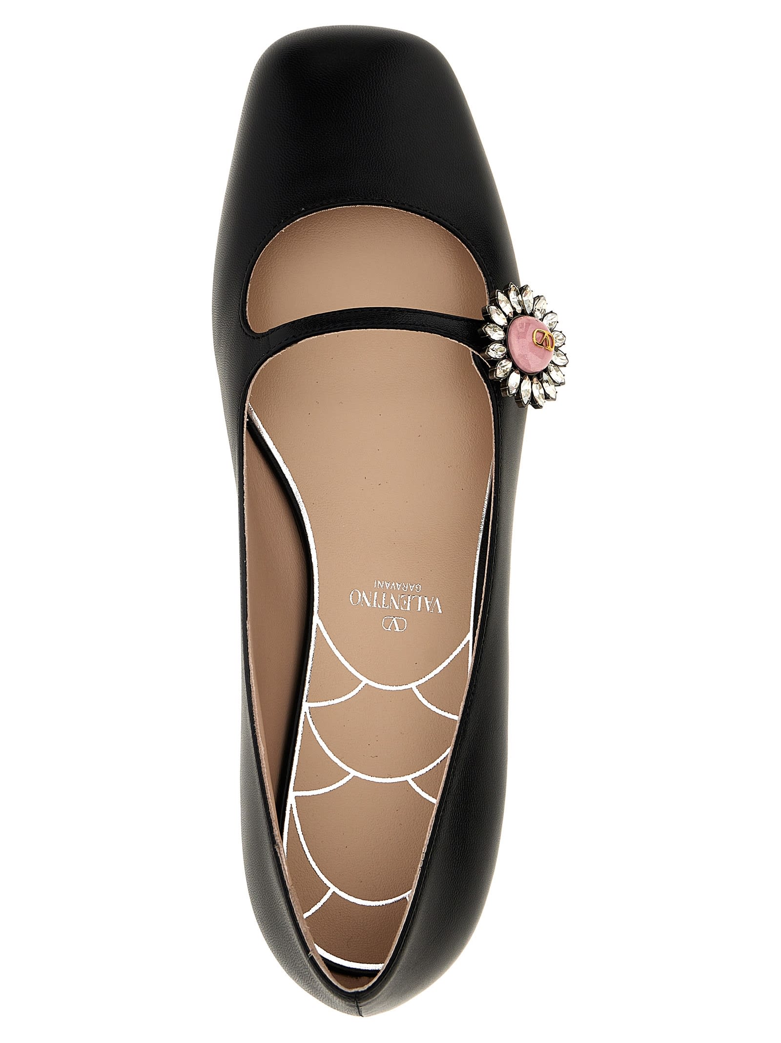 Valentino Embellished Leather Mary Jane Flats In Black