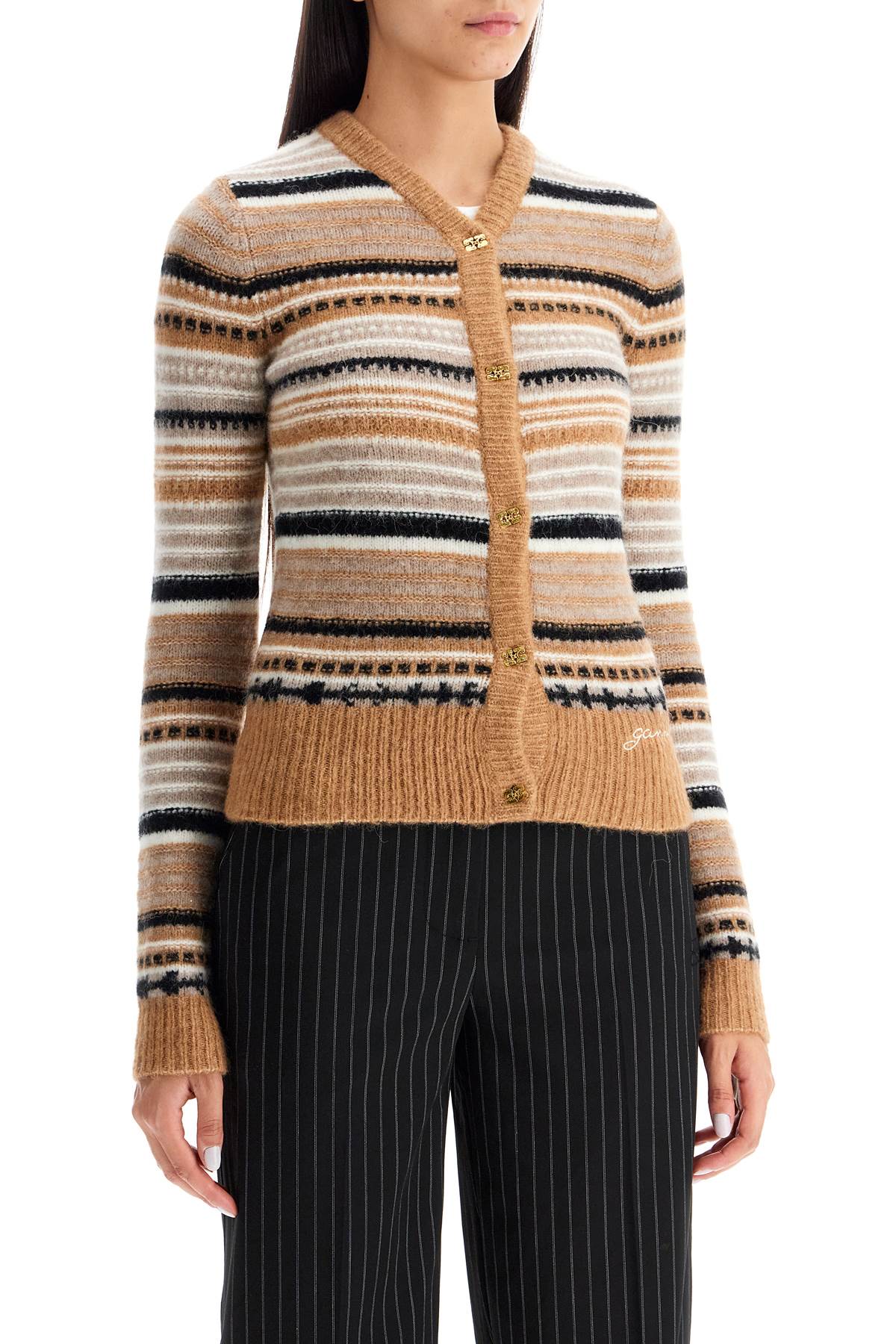 Shop Ganni Soft Striped Cardigan With Fluffy In Tigers Eye (beige)