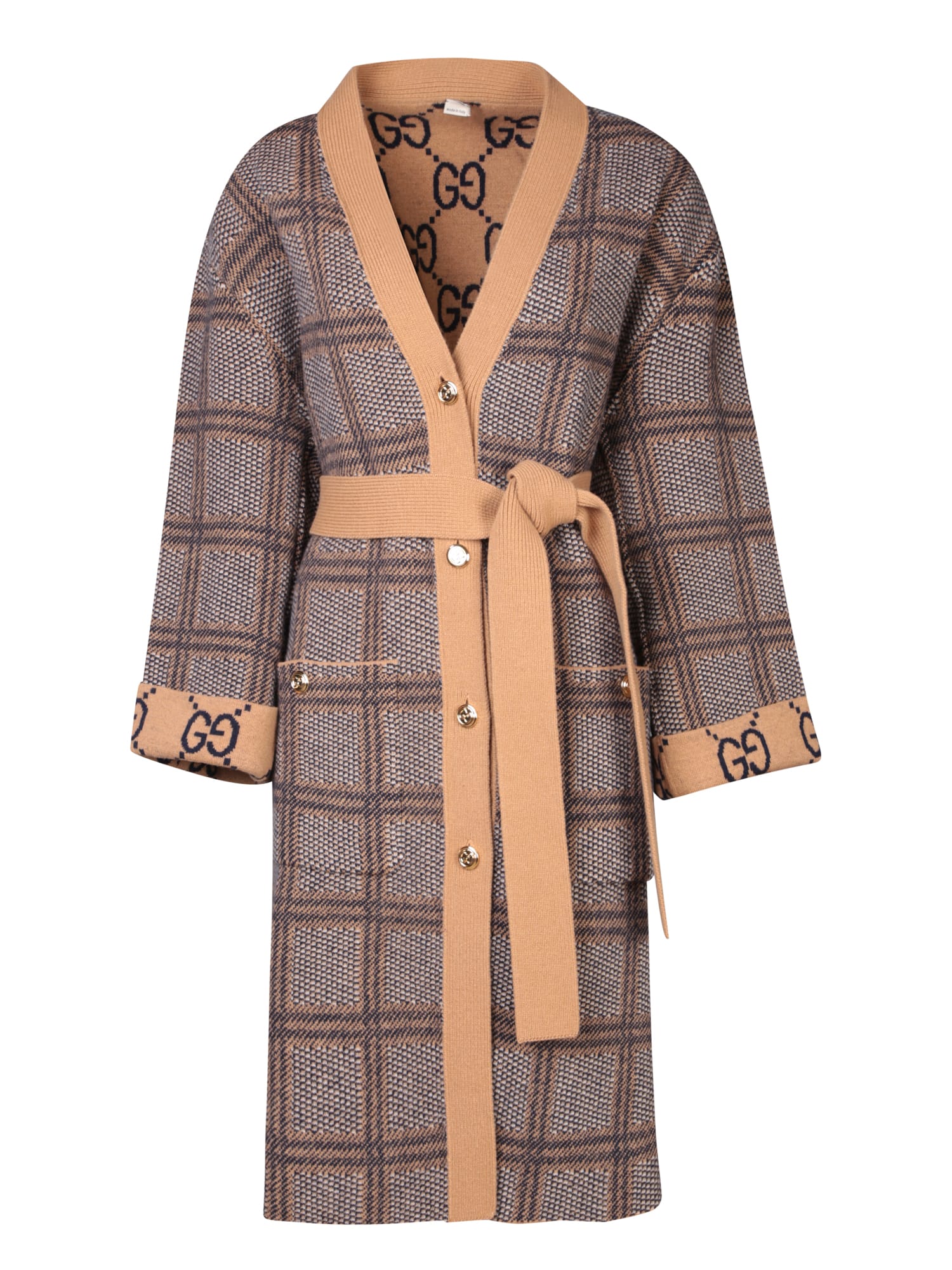 Shop Gucci Patterned Brown Long Cardigan In Beige