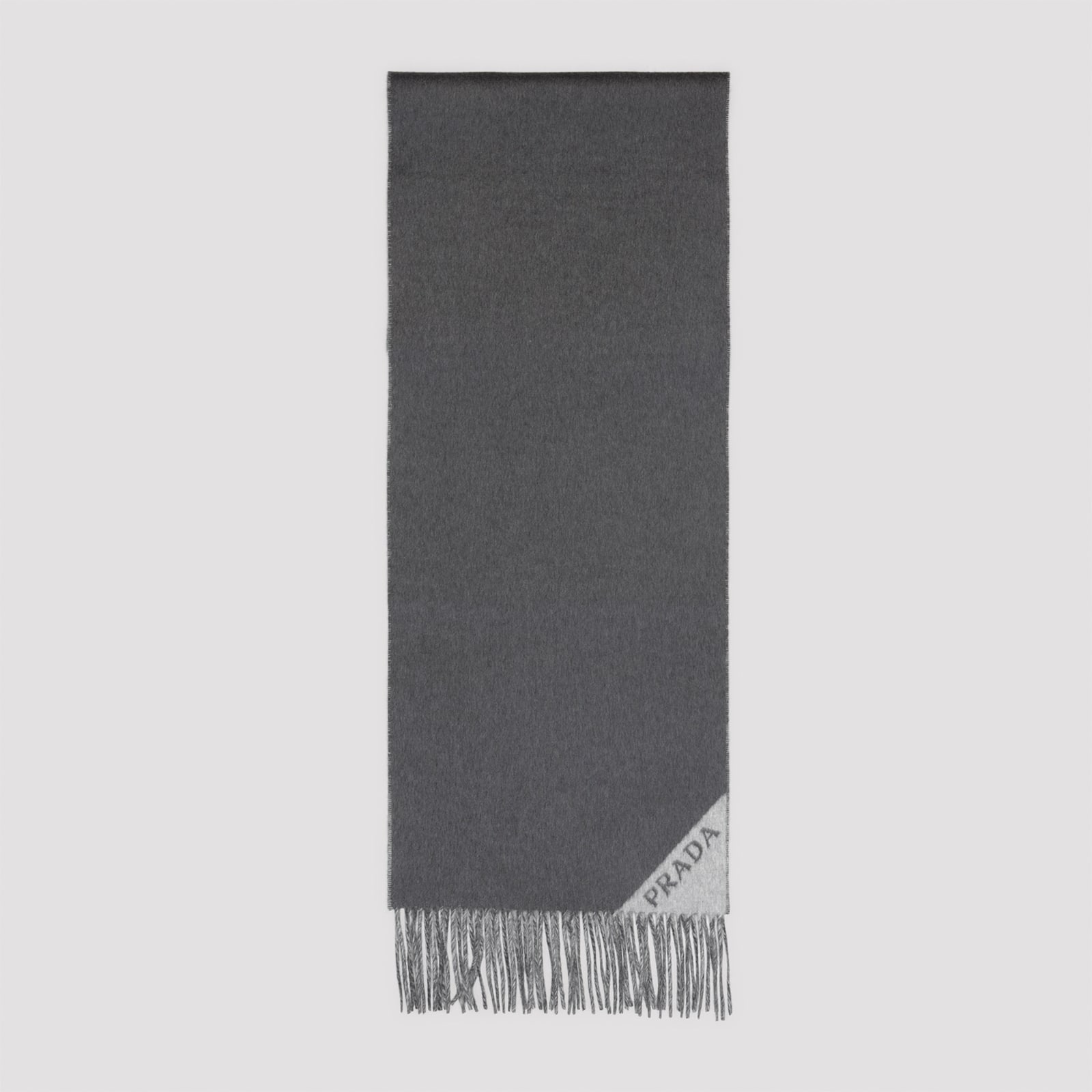 Prada Reversible Cashmere Scarf With Fringe Detail In Gray