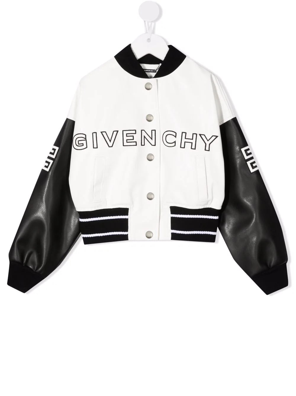 Givenchy Kids Bomber Jacket In White And Black Imitation Leather With Logo And 4g Motif